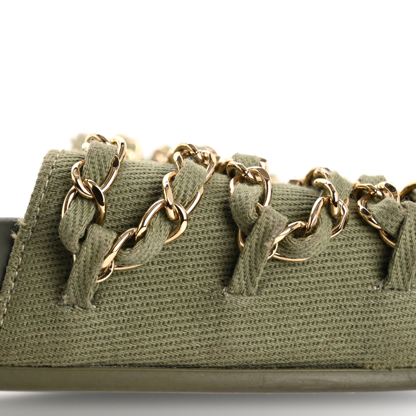 Satin Canvas Chain Slides Sandals Flats 40 Khaki