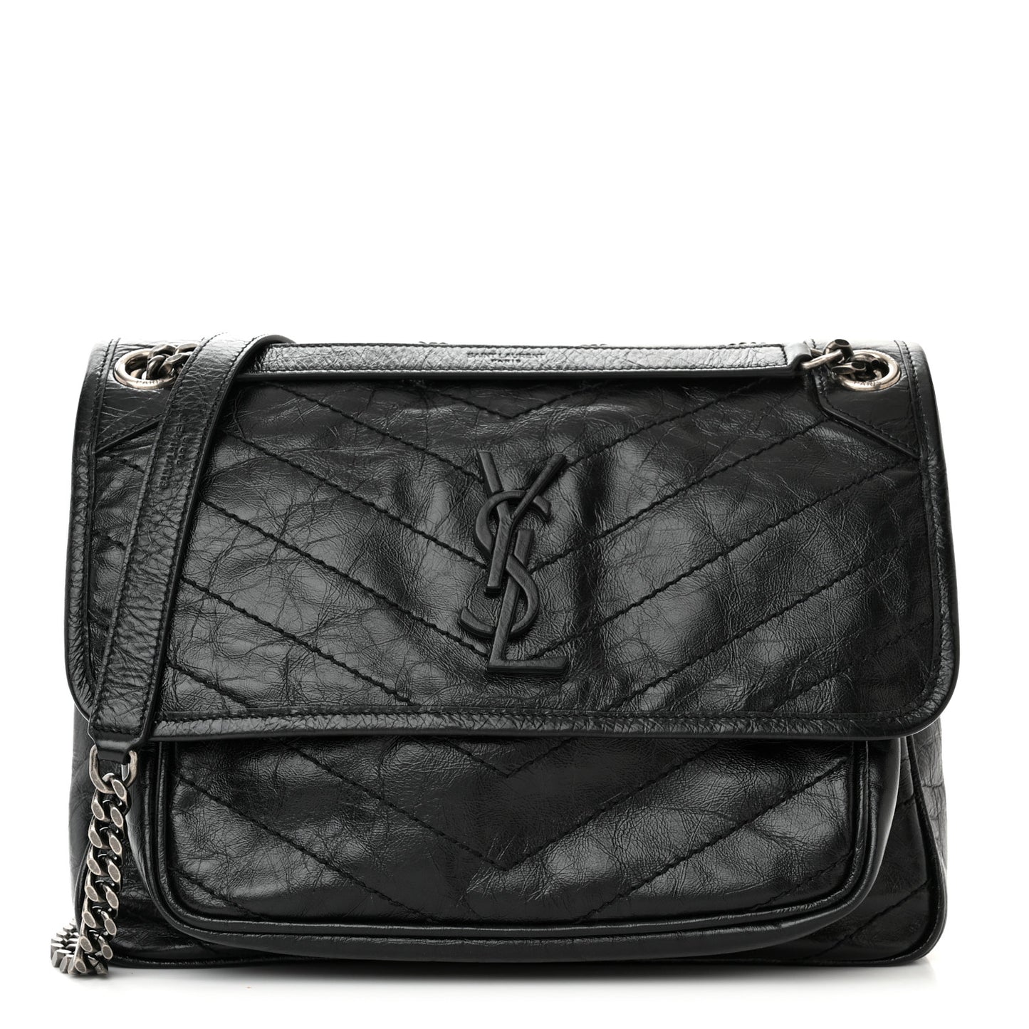 Crinkled Calfskin Matelasse Monogram Medium Niki Chain Satchel Black