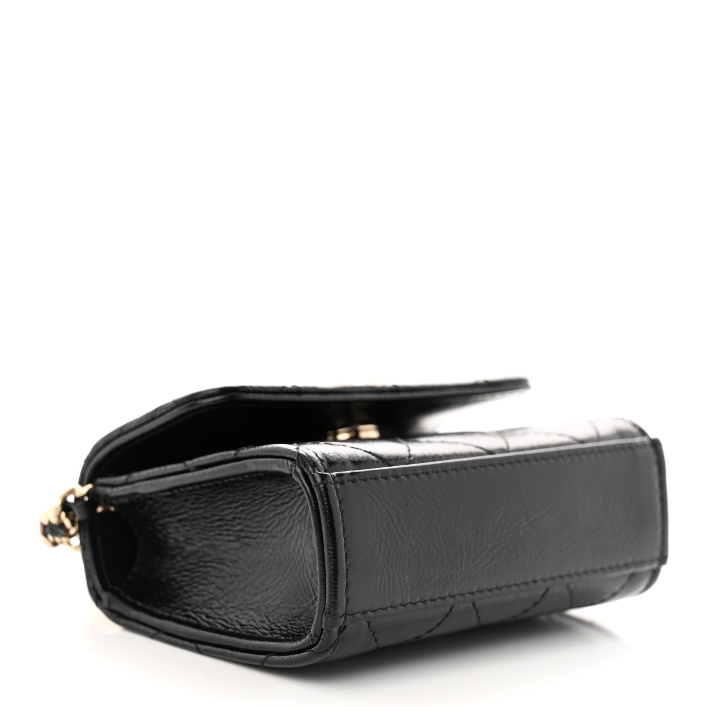 Shiny Crumpled Lambskin Quilted Pearl Small Top Handle Clutch With Chain Black