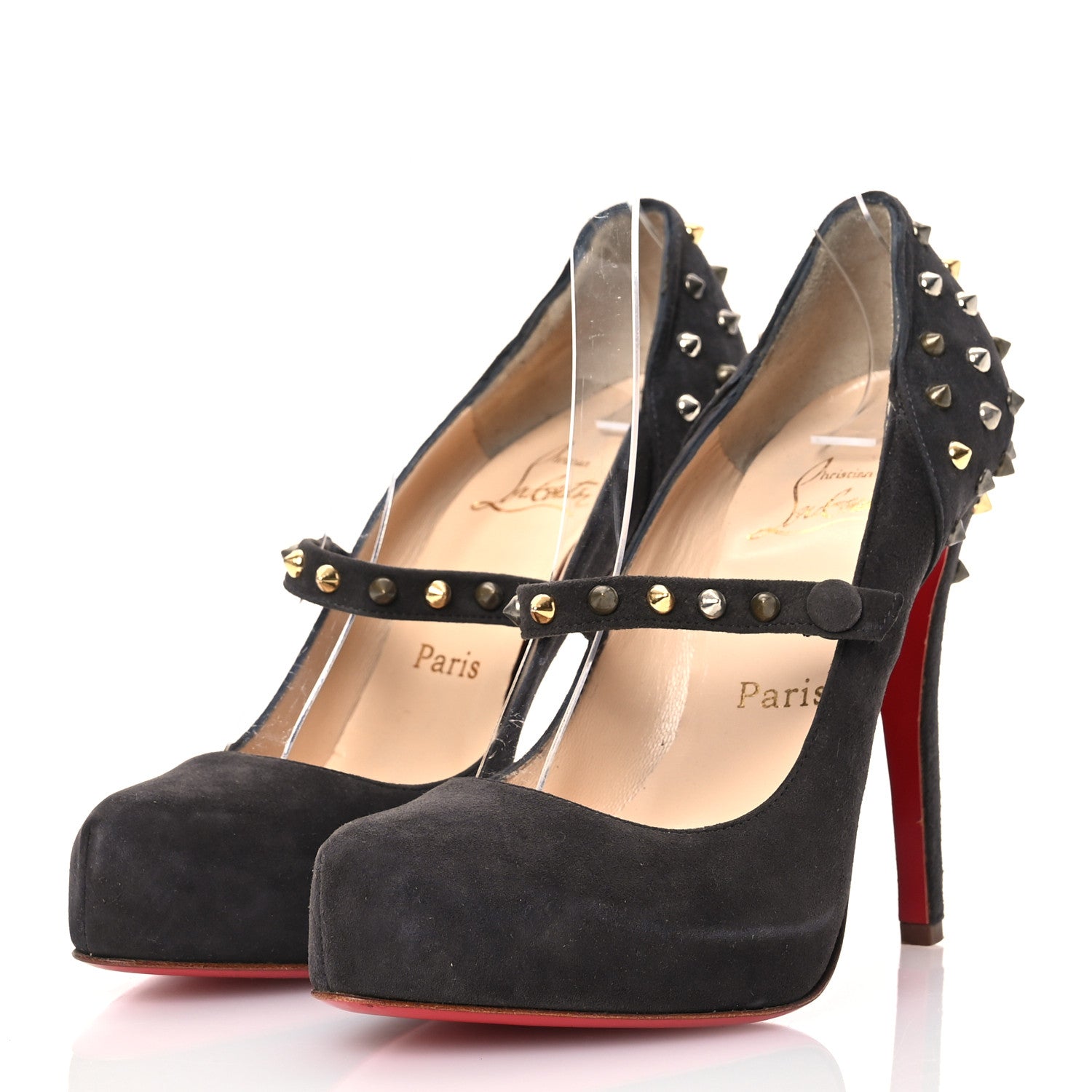 Christian Louboutin Veau Velours Stud Spike Mad Mary 100 Pumps 38.5 Grey 3 of 14