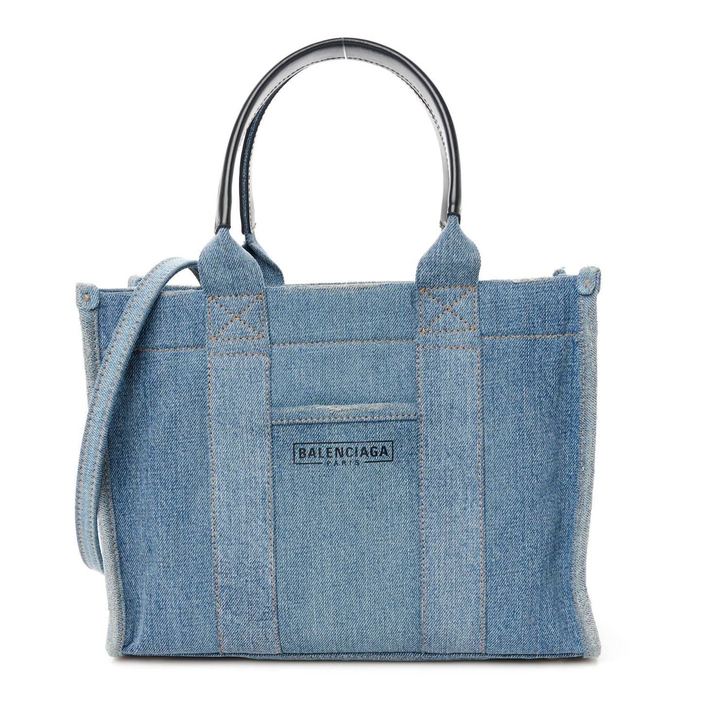 Washed Frayed Denim Logo Small Hardware Tote Blue