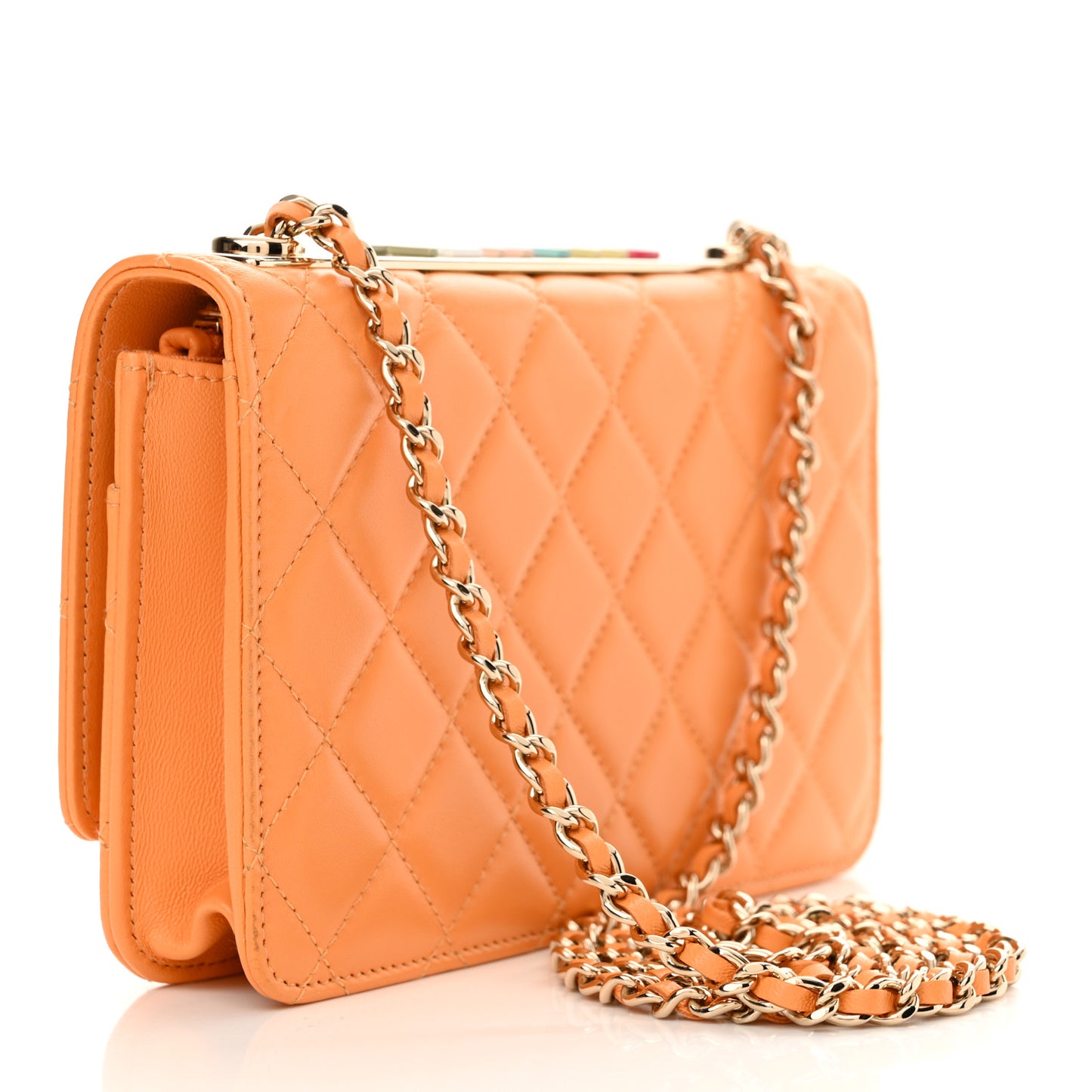 Lambskin Lacquered Quilted Trendy CC Wallet On Chain WOC Orange