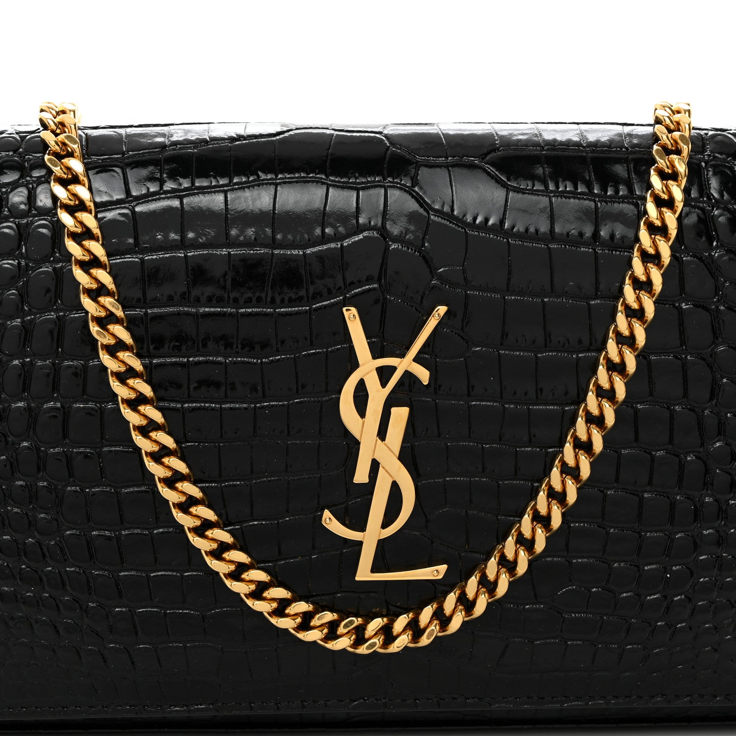 Saint Laurent Calfskin Crocodile Embossed Cassandre Wallet On Chain WOC Black 8 of 11