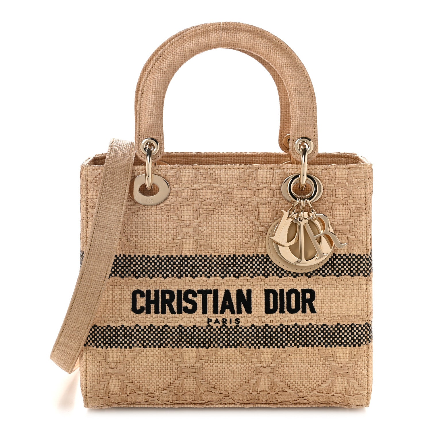 Christian Dior Raffia Woven Cannage Embroidered Medium Lady D-Lite