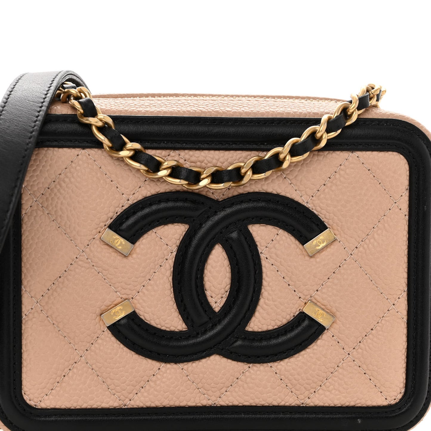 Caviar Quilted CC Filigree Vanity Clutch With Chain Beige Black