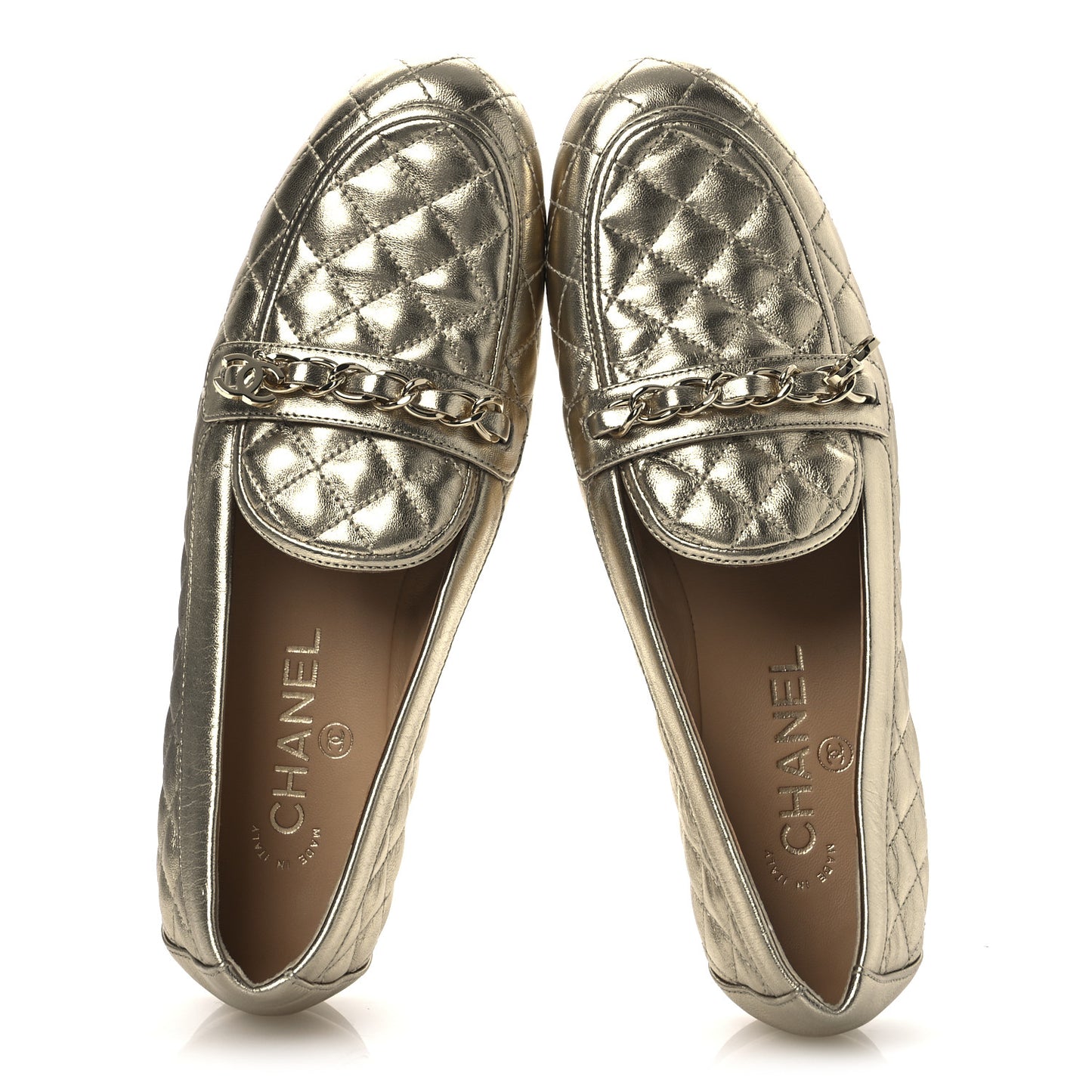Metallic Lambskin Quilted Womens Chain CC Loafers 39.5 Gold