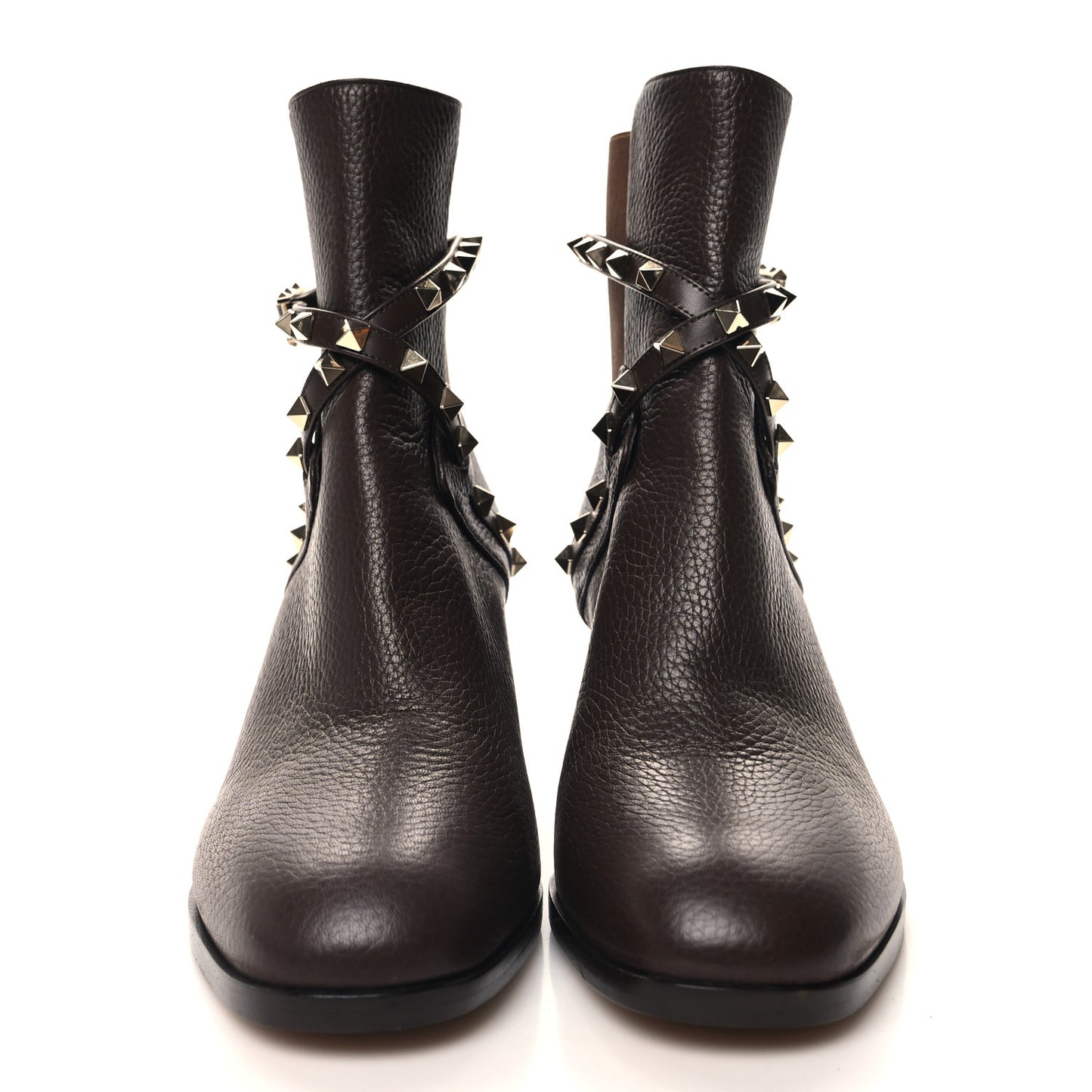 Pebbled Calfskin Rockstud Double Buckle 70mm Block Heel Ankle Boots 39.5 Fondant