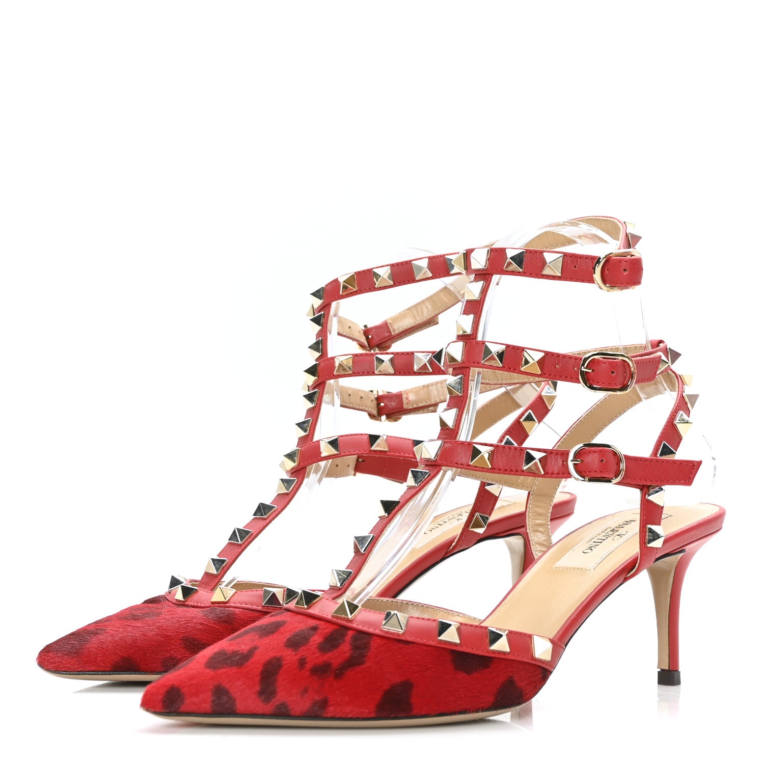 Valentino Garavani Calf Hair Leopard Print Rockstud Ankle Strap 65mm Pumps 37 Rosso Valentino 3 of 9