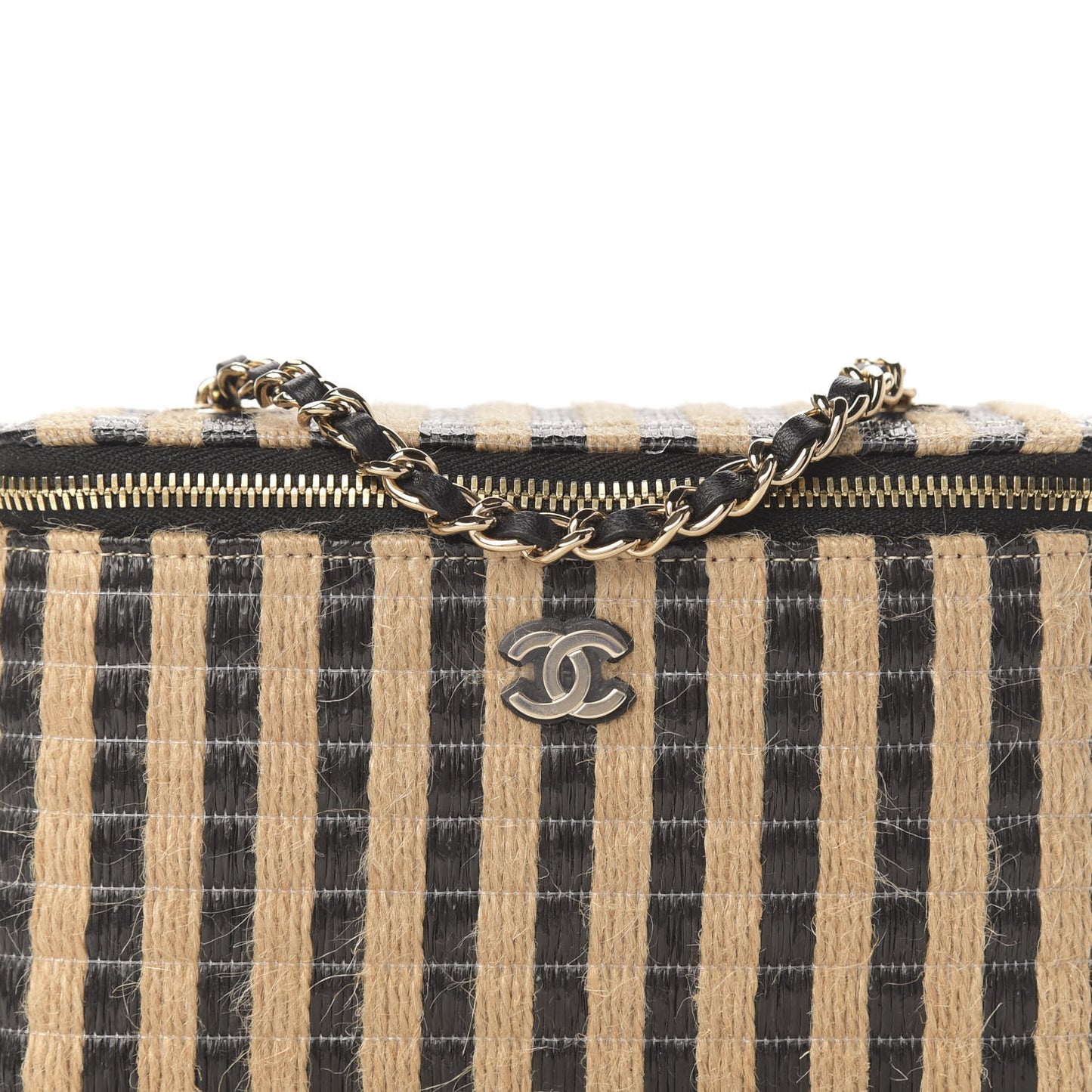 Raffia Jute Striped Small Vanity Case With Chain Black Beige