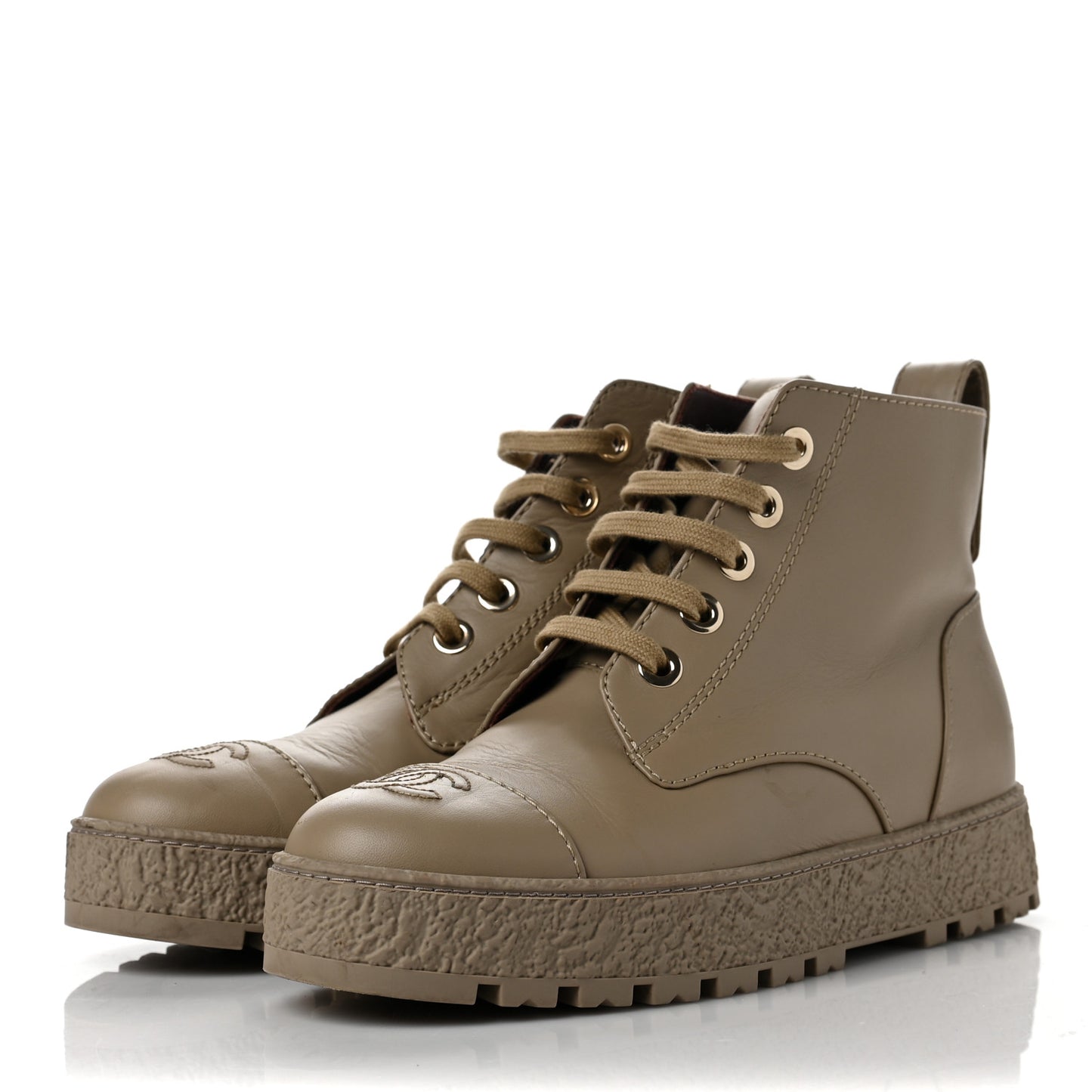 Calfskin CC Turnlock Lace Up Boots 39.5 Beige
