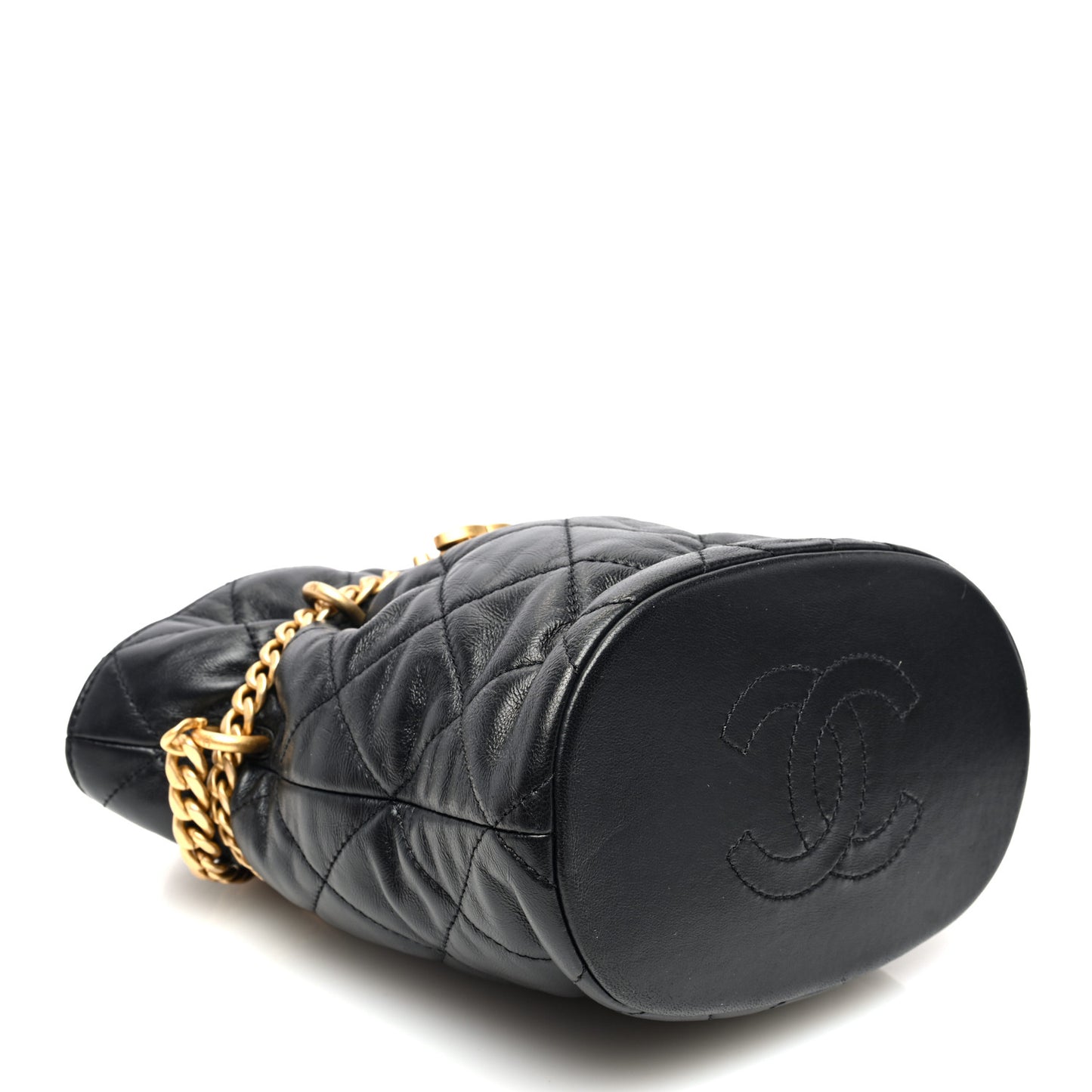 Lambskin Enamel Quilted Pending CC Bucket Drawstring Bag Black