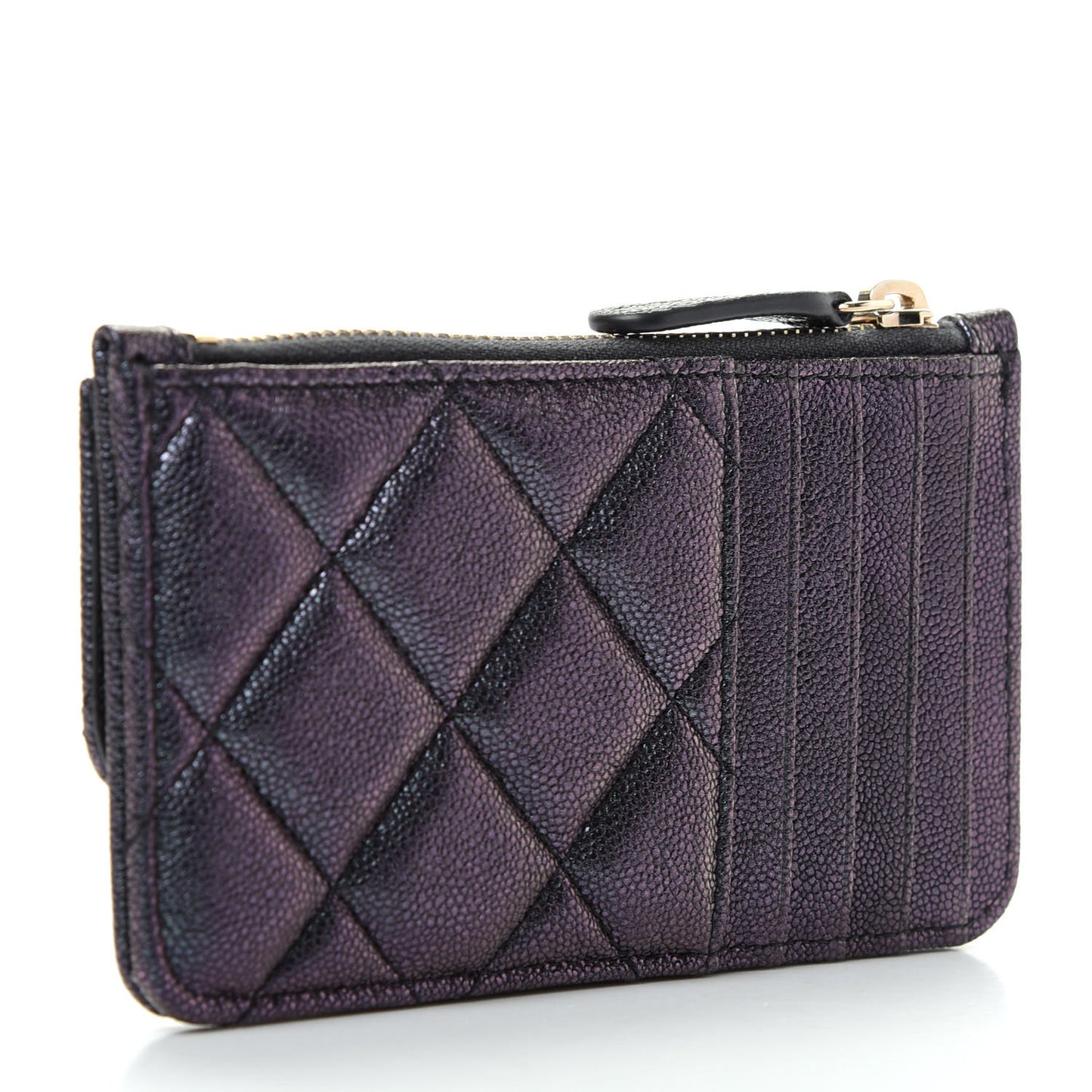 Iridescent Caviar Quilted Flap Zip Card Holder Black