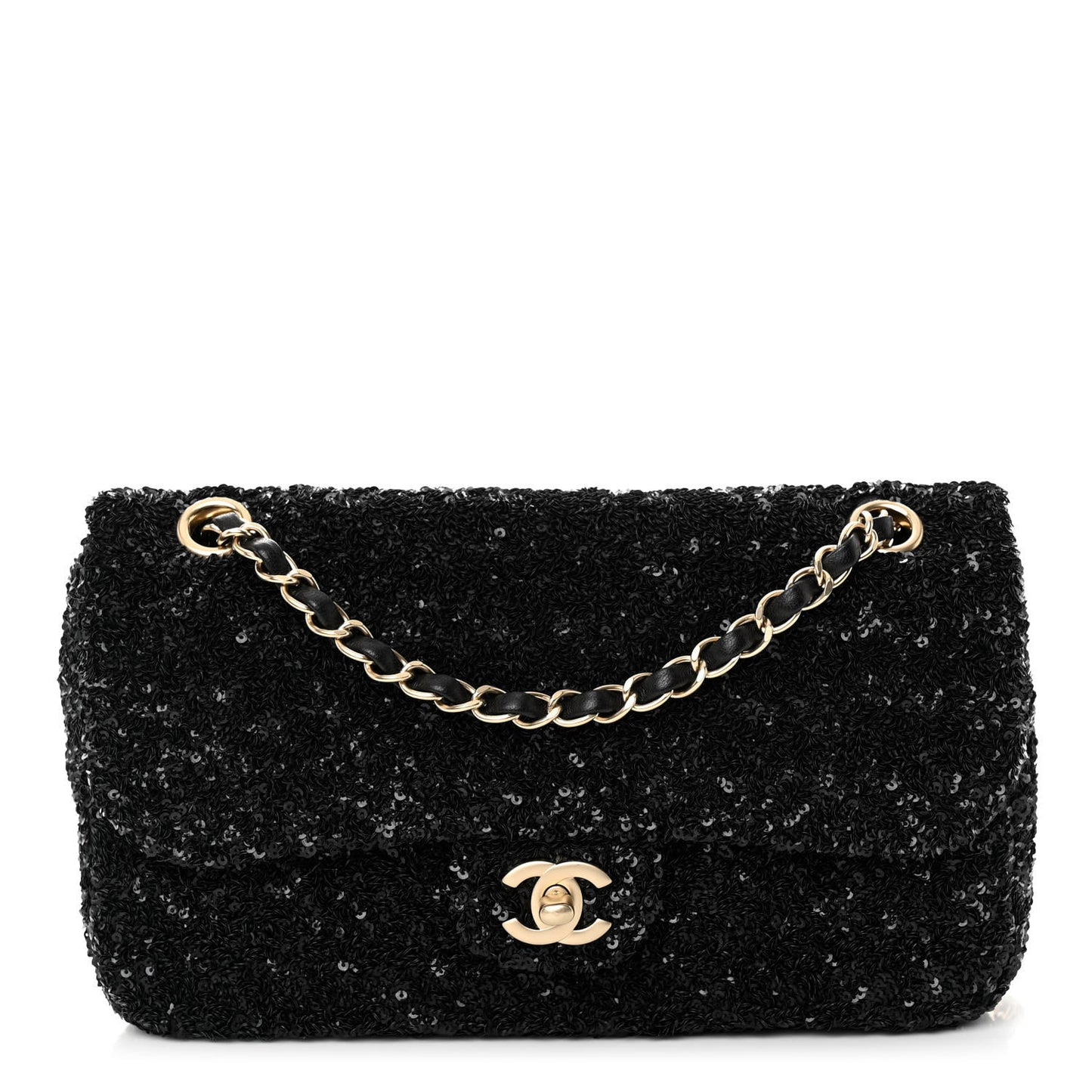 Sequin Embroidered Medium Flap Bag Black