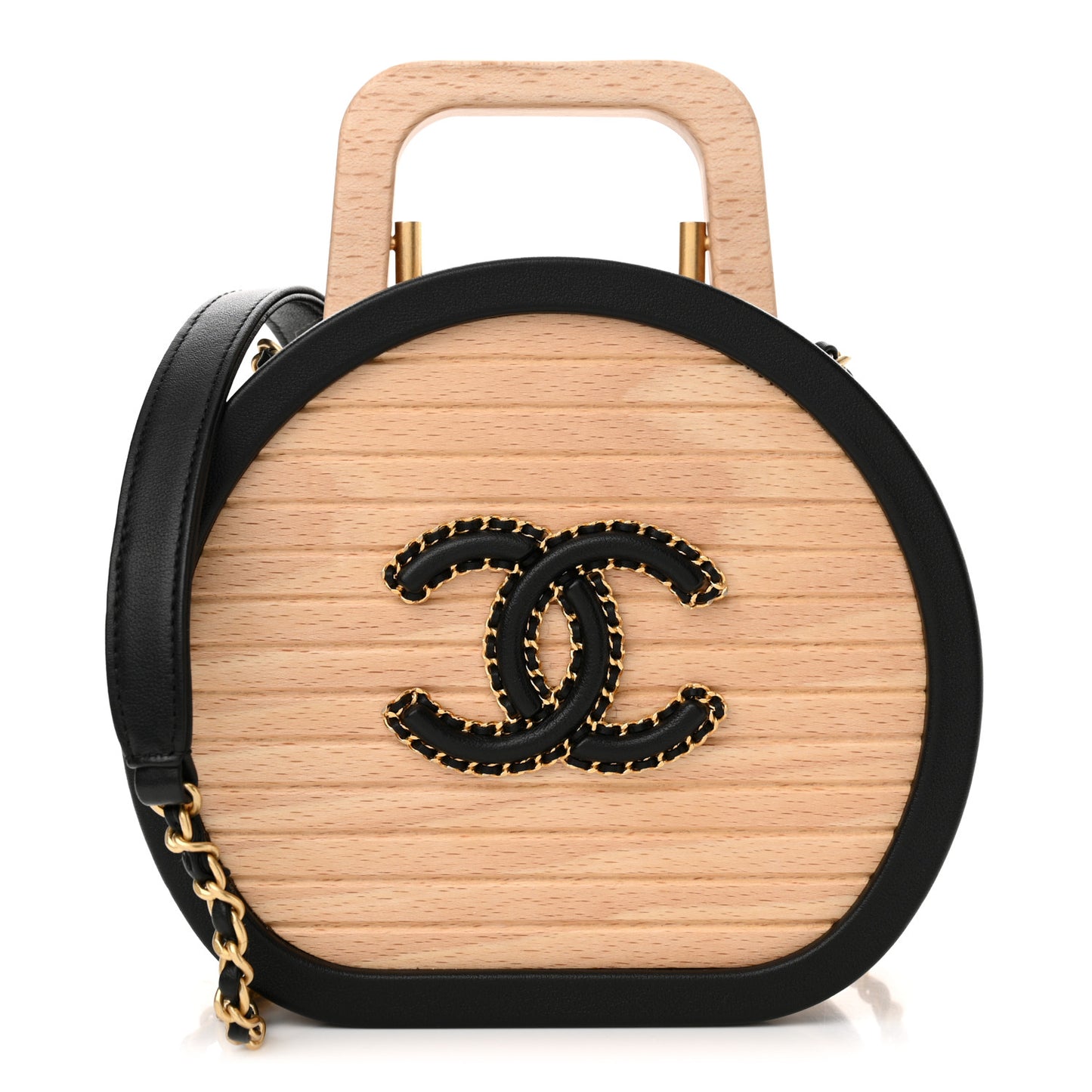 Beech Wood Lambskin Round CC Vanity Case Black