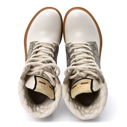 Calfskin GG Supreme Monogram Nappa Quilted Lace Up Ankle Boots 35 Mystic White Beige