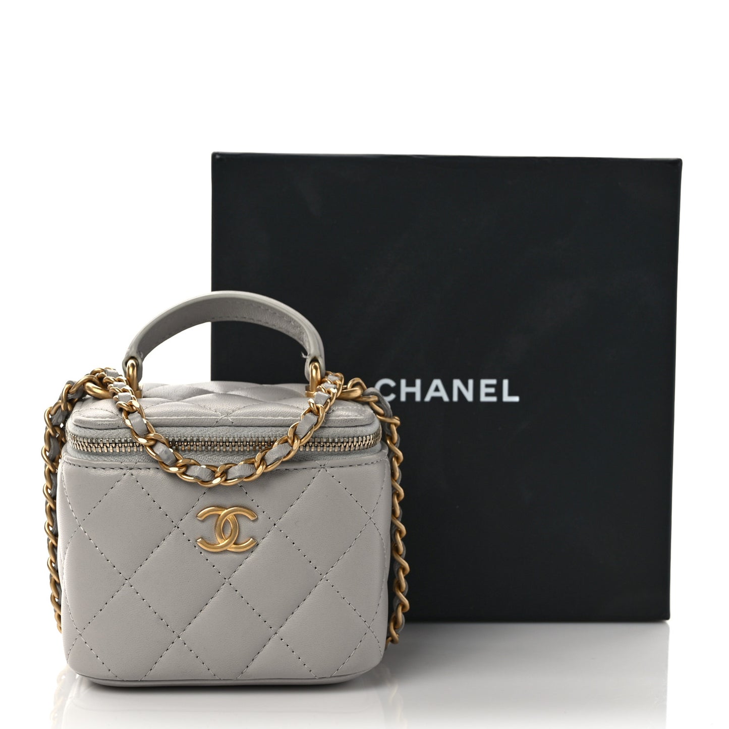 Lambskin Quilted Top Handle Mini Vanity Case With Chain Grey