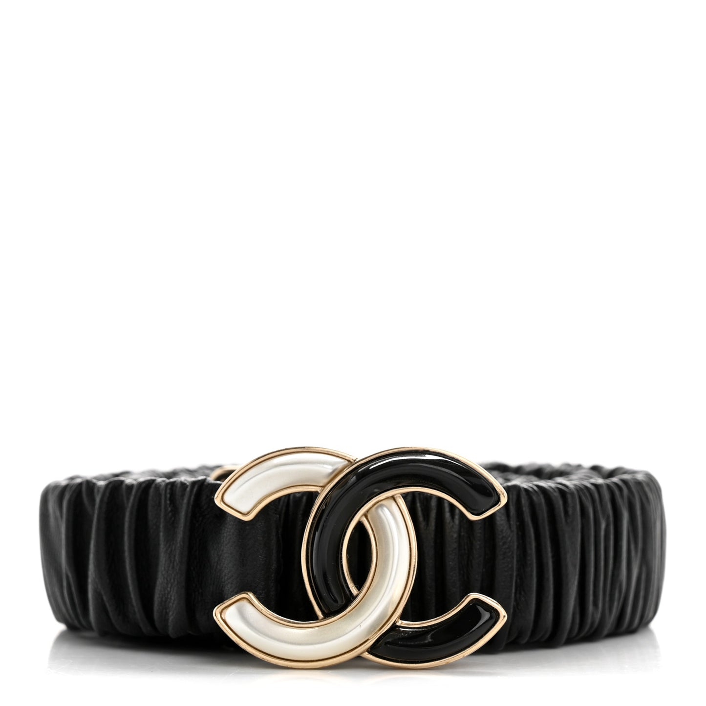 Lambskin Metal Ruched Chain CC Belt 75 30 Black White