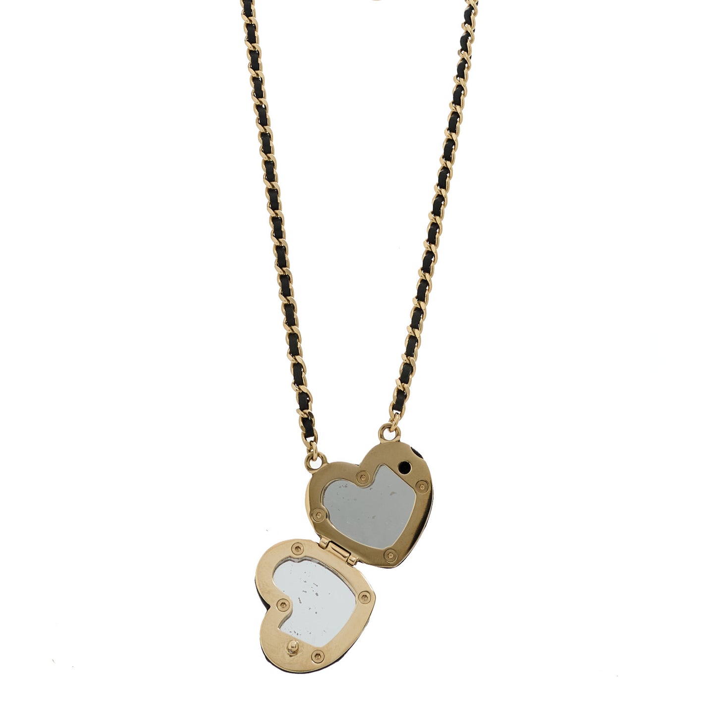 Lambskin CC Heart Mirror Locket Necklace Gold Black