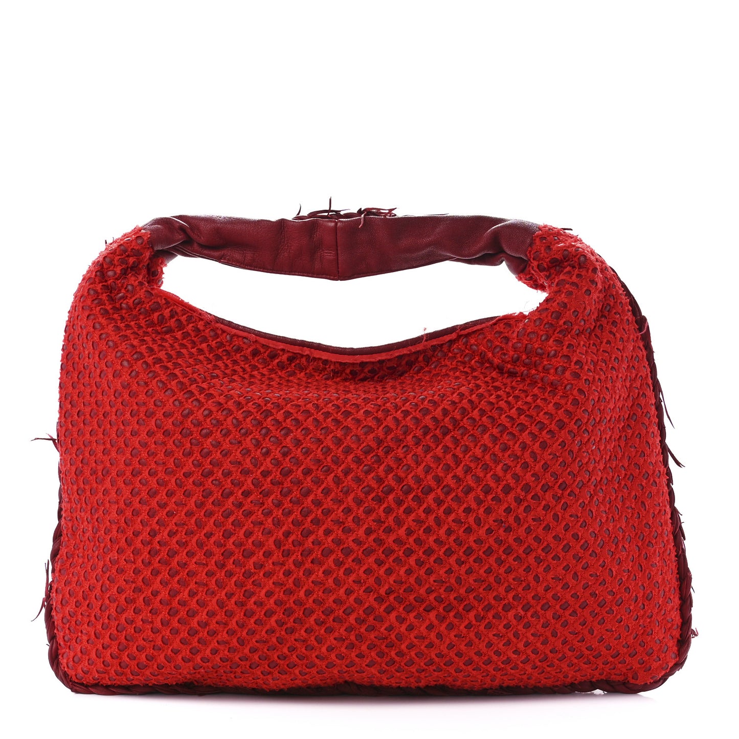 Nappa Fabric Intrecciato Large Distressed Fringe Veneta Hobo Red