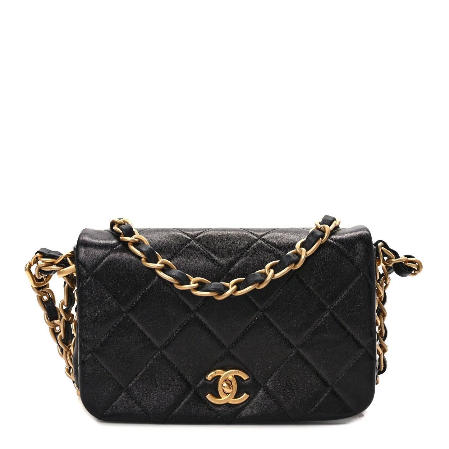 Shiny Lambskin Quilted Chain Around Flap Bag Black