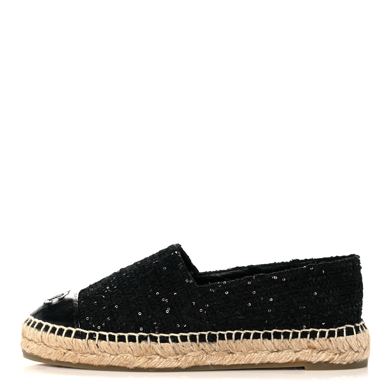 Chanel Tweed Patent Goatskin Sequin CC Espadrilles 37 Black 1 of 8