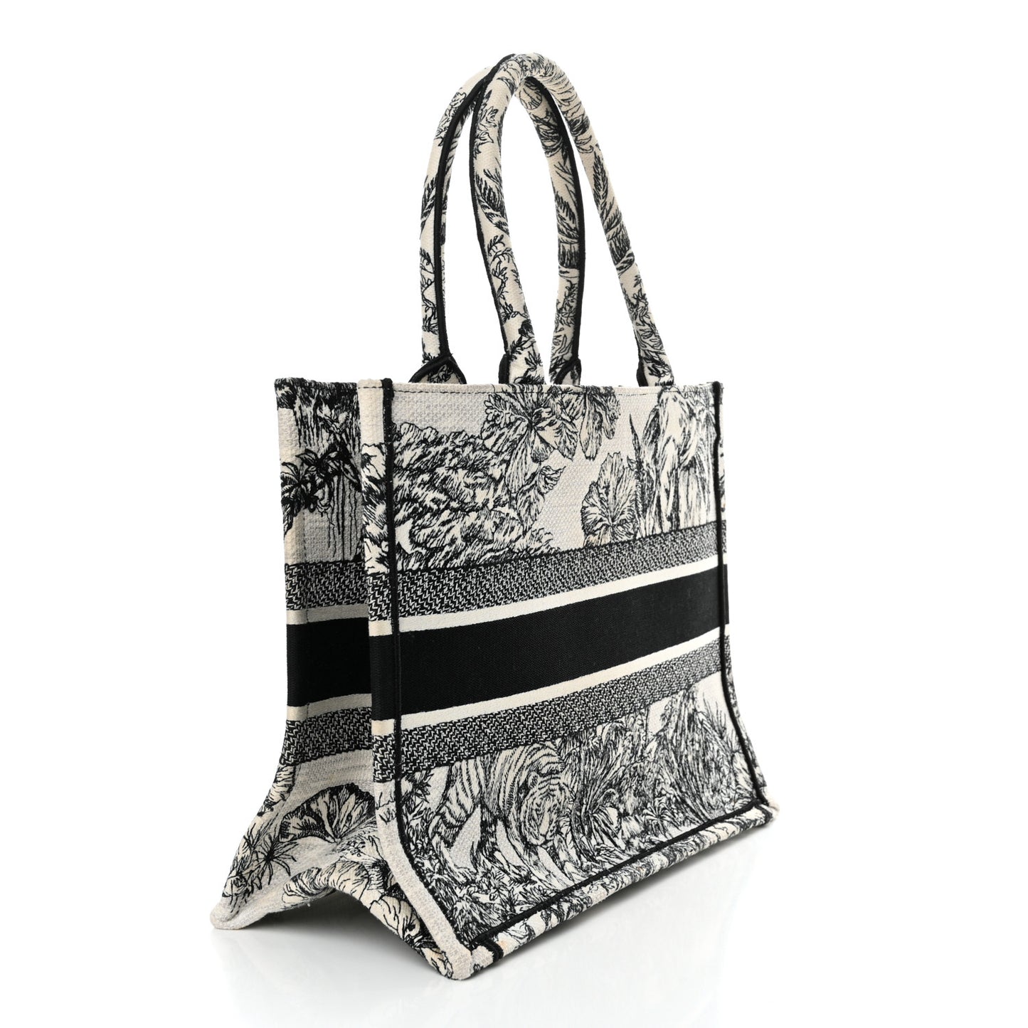 Canvas Embroidered Medium Toile de Jouy Voyage Book Tote White Black