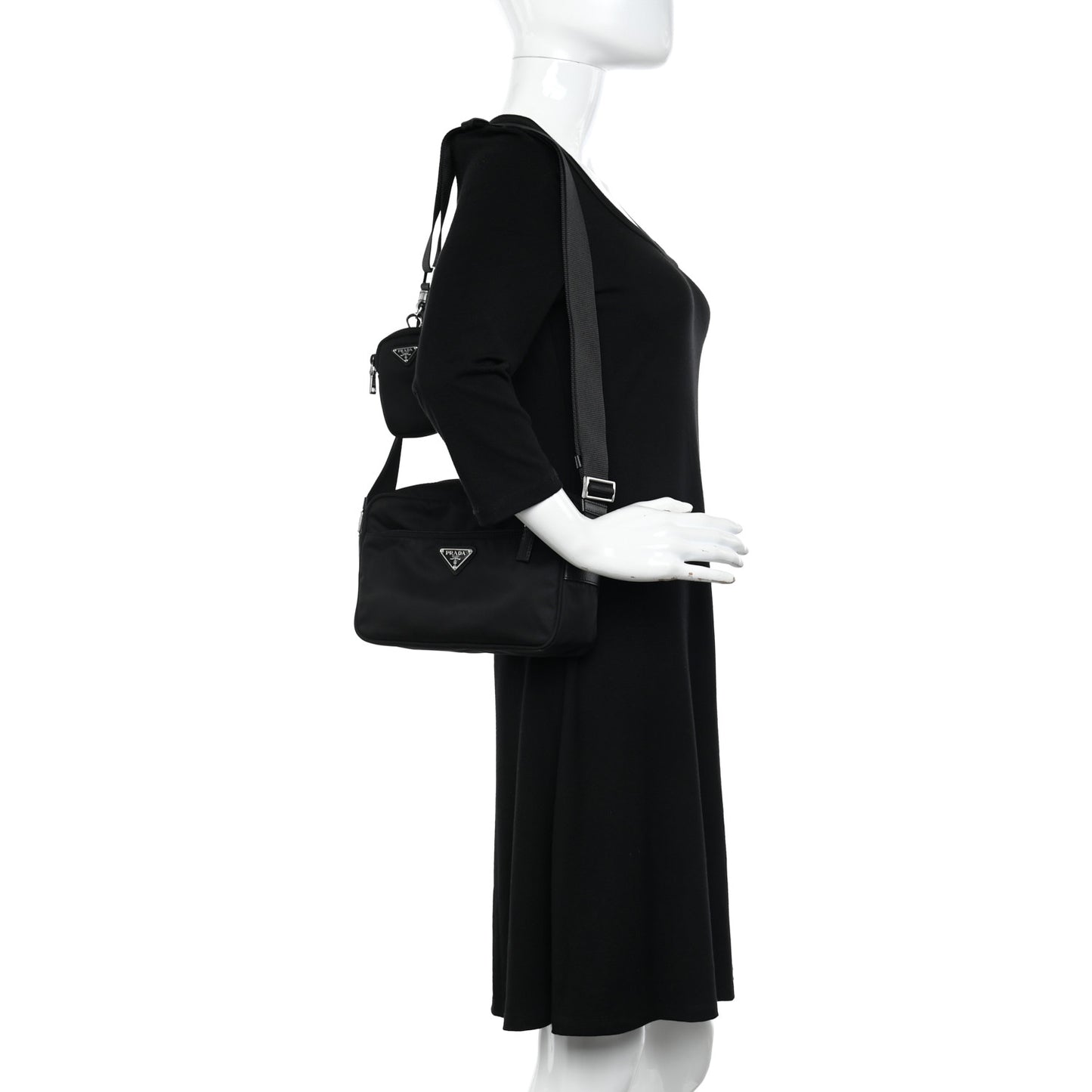 Re-Nylon Vela Saffiano Pocket Double Zip Shoulder Bag Black