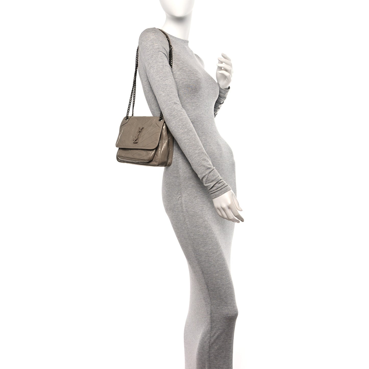 Crinkled Calfskin Matelasse Monogram Baby Niki Chain Satchel Light Taupe