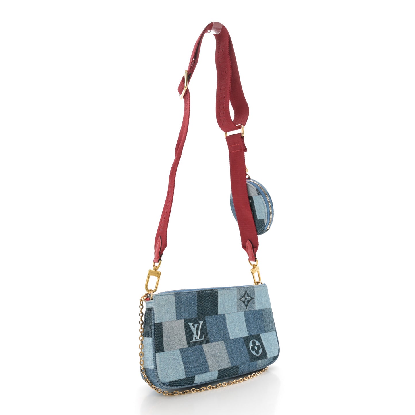 Denim Damier Monogram Patchwork Multi Pochette Accessories Blue Rouge