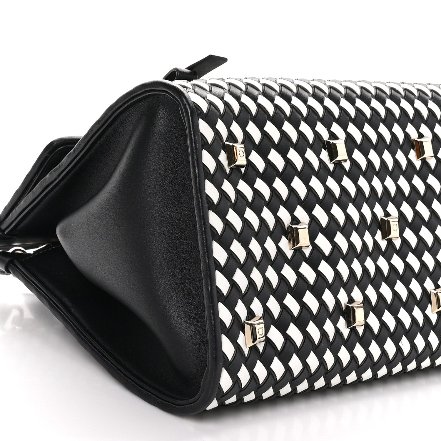 Salvatore Ferragamo Woven Calfskin Medium Studio Top Handle Bag Black White 8 of 9