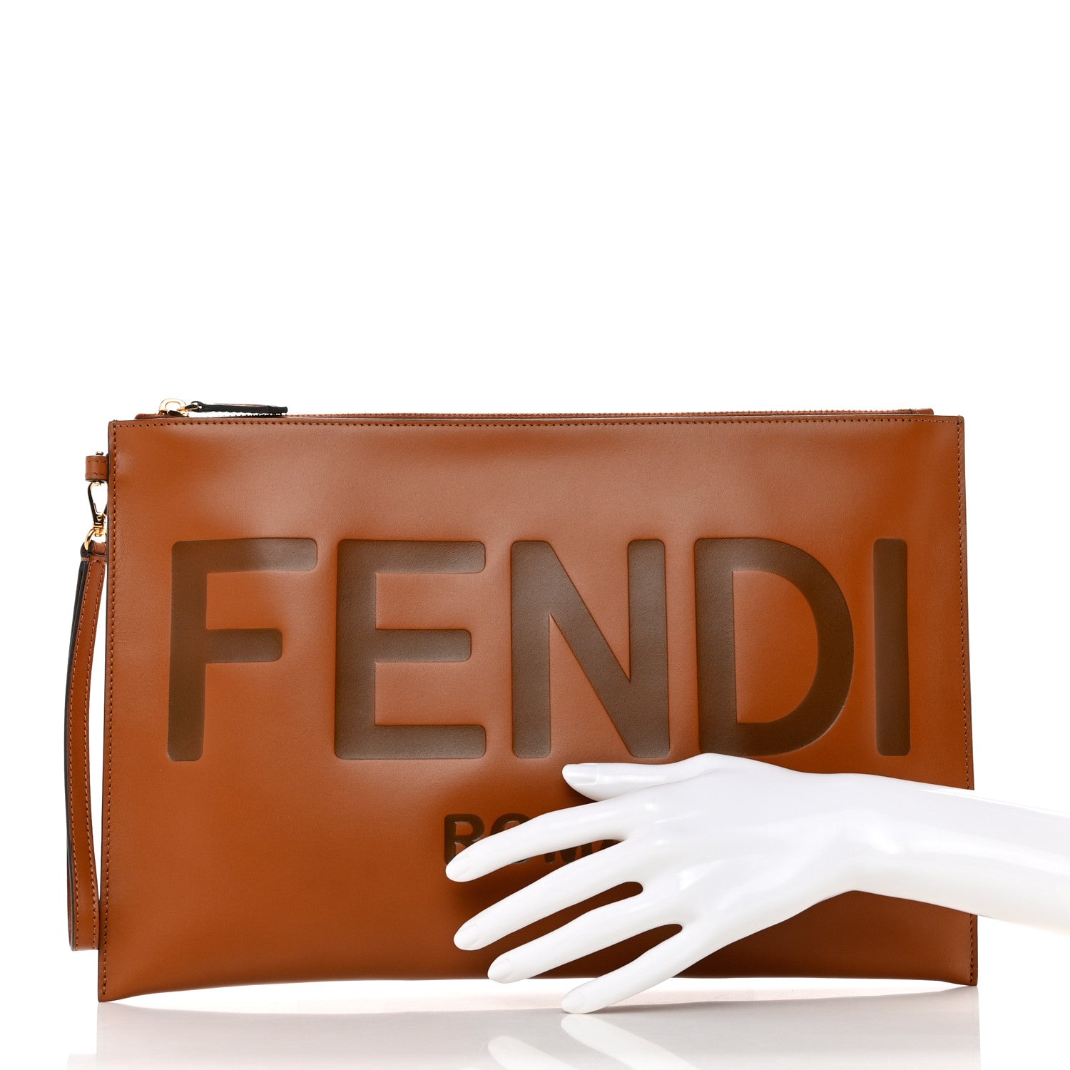 Fendi Vitello King Logo Embossed Large Flat Pouch Cuoio 2 of 7
