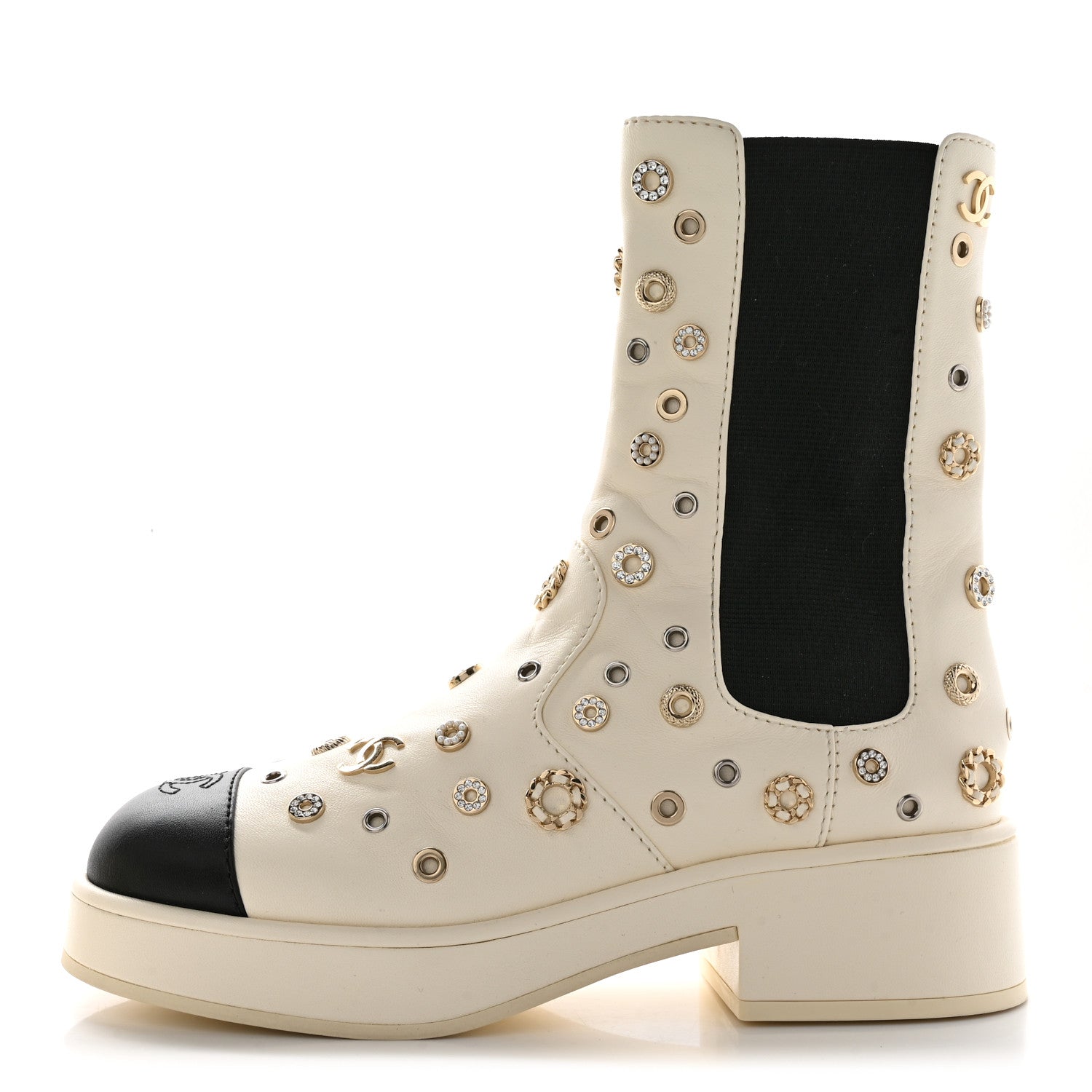 Chanel Lambskin Riveted Cap Toe Short Boots 38 Ivory Black 1315537