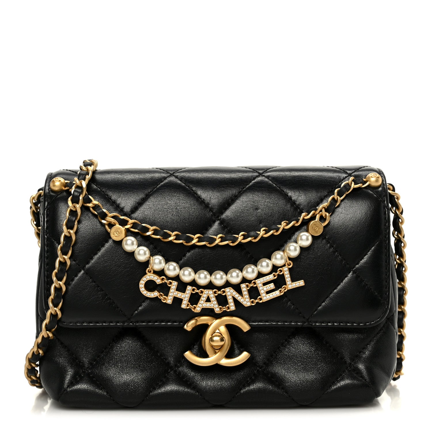 Chanel Shiny Lambskin Quilted Mini Pearl Logo Flap Black 1842471