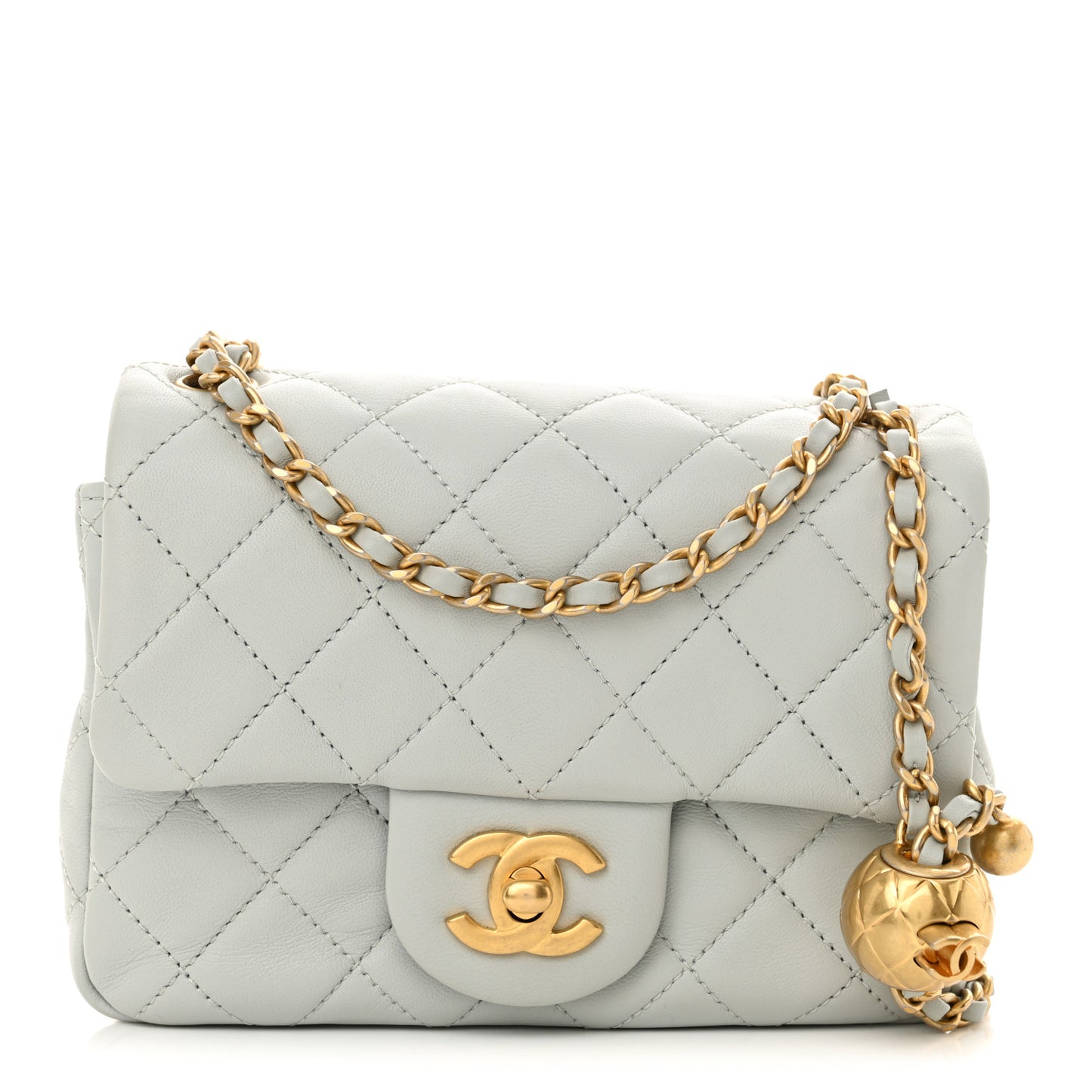 Lambskin Quilted Mini Pearl Crush Flap Light Grey