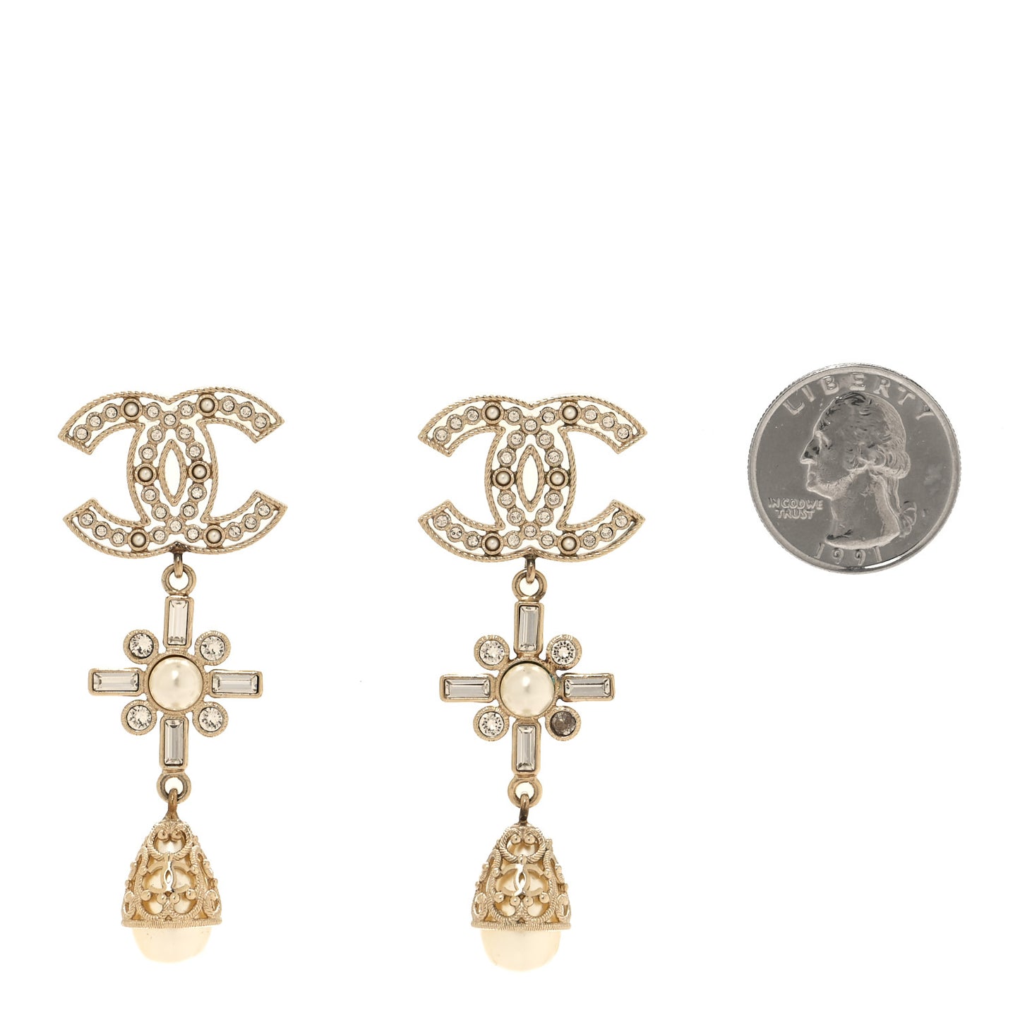 Metal Pearl Crystal CC Twist Teardrop Drop Earrings Gold
