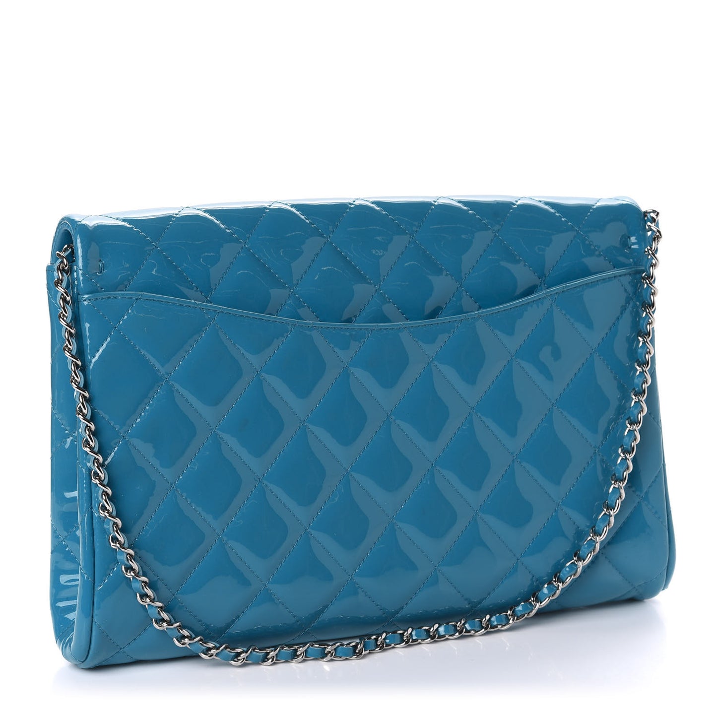 Patent Quilted Clutch with Chain Flap Blue