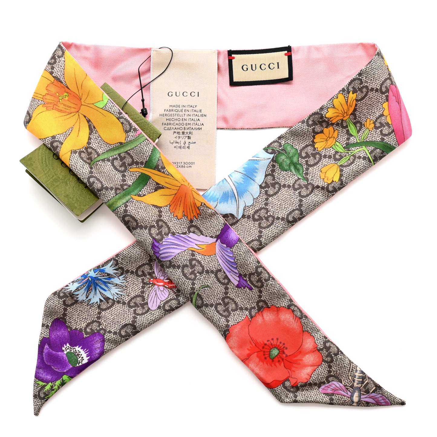 Silk Twill GG Monogram Special Flory Neck Bow Scarf Beige Pink