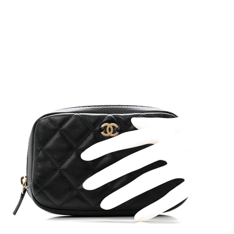 Lambskin Quilted Small Curvy Pouch Cosmetic Case Black