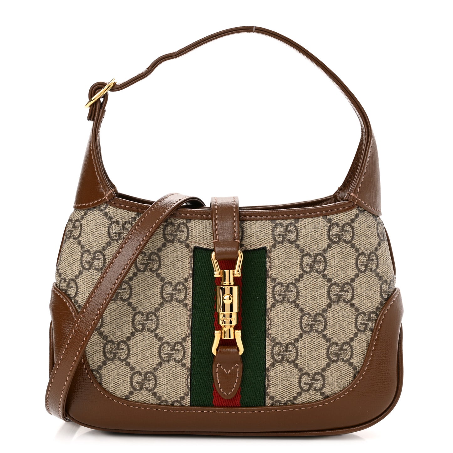 GG Supreme Monogram Azalea Calfskin Web Mini Jackie 1961 Hobo Beige Ebony Brown Sugar