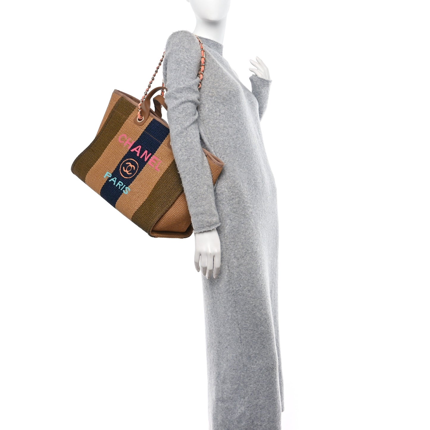 Straw Raffia Calfskin Striped Medium Deauville Tote Khaki Beige Navy Blue