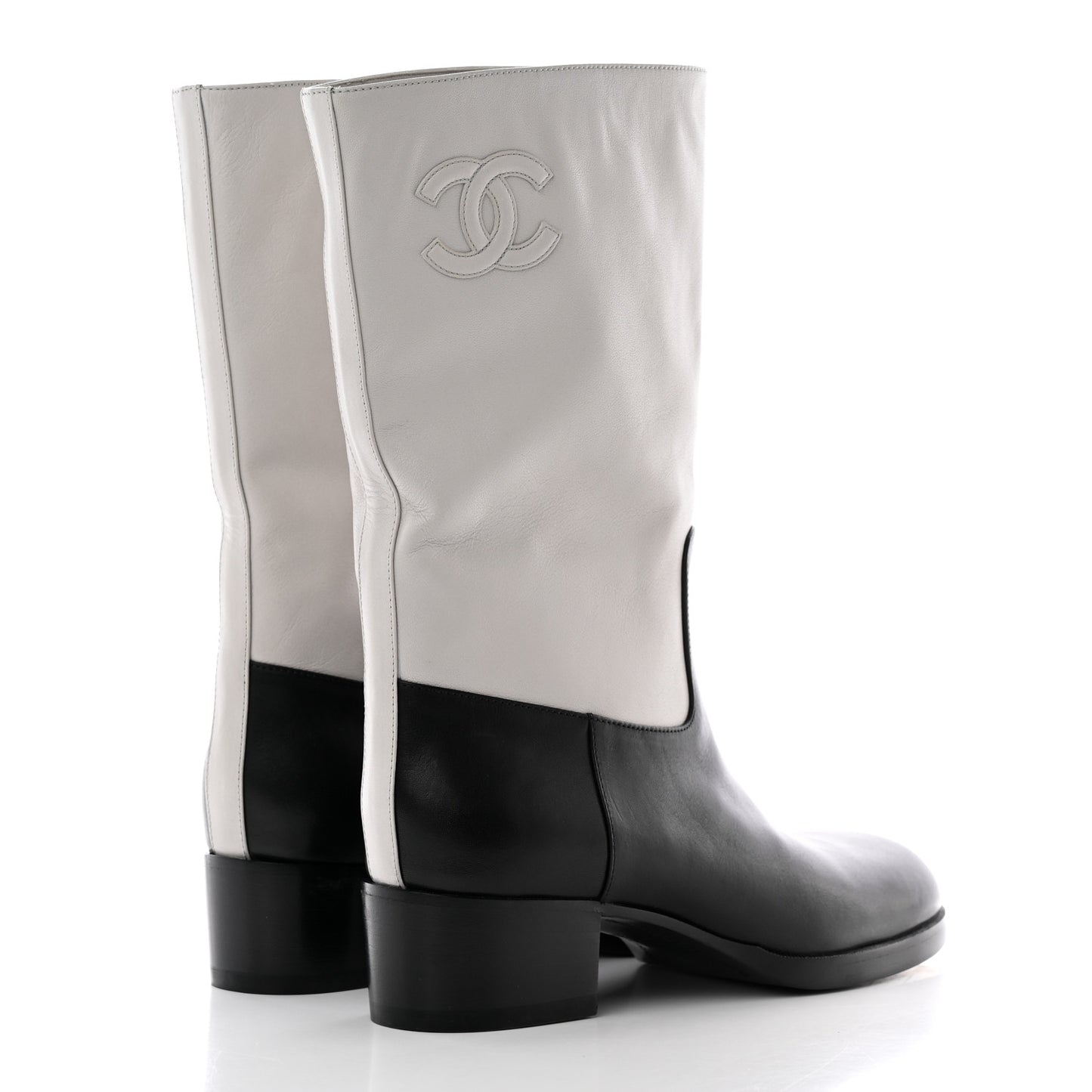 Calfskin CC Logo Mid Calf Boots Light Grey Black