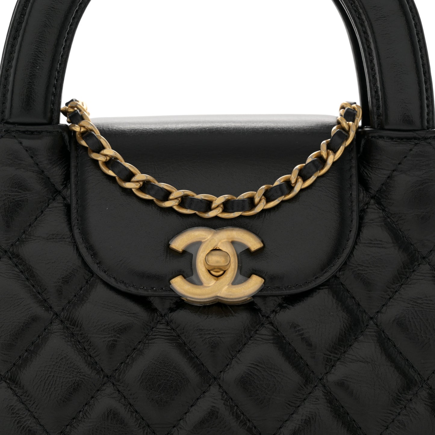 Shiny Aged Calfskin Quilted Nano Kelly Shopper Black