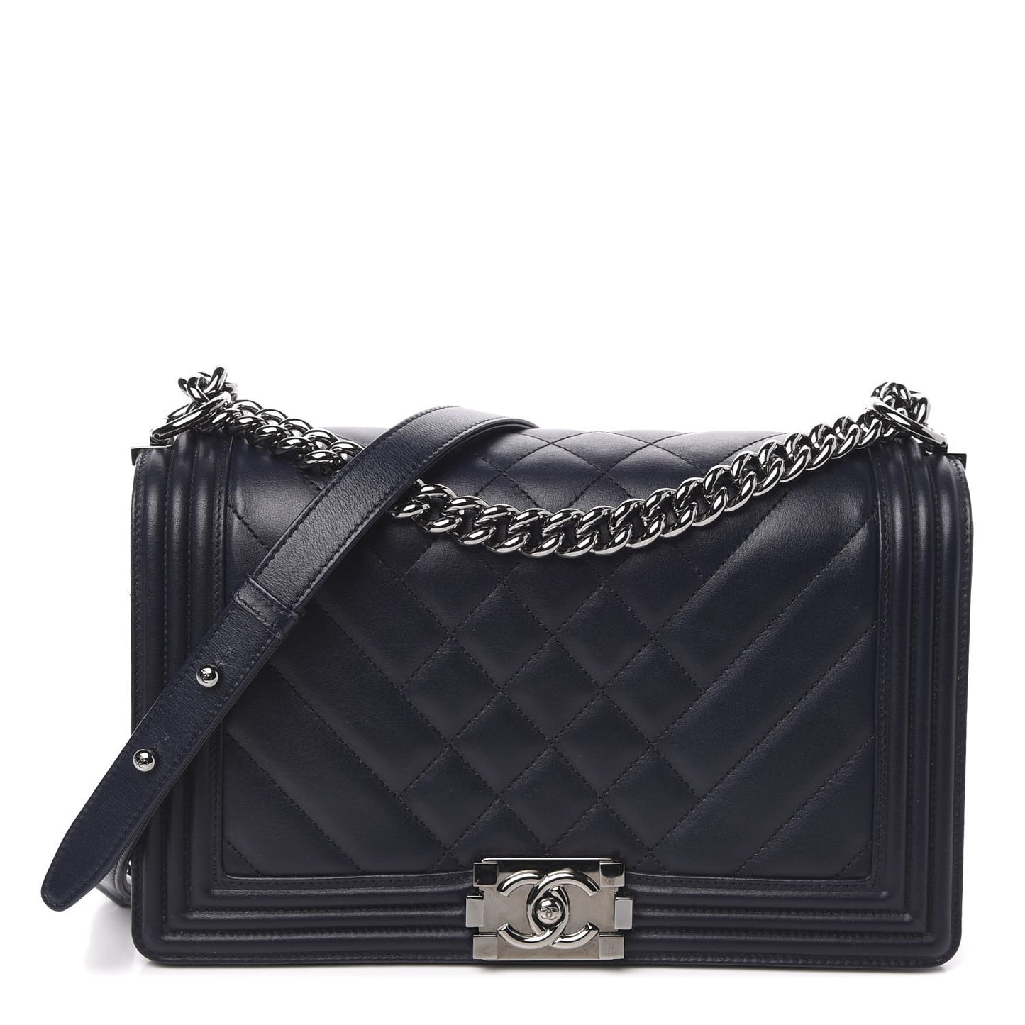 Calfskin Chevron Quilted New Medium Boy Flap Navy Blue