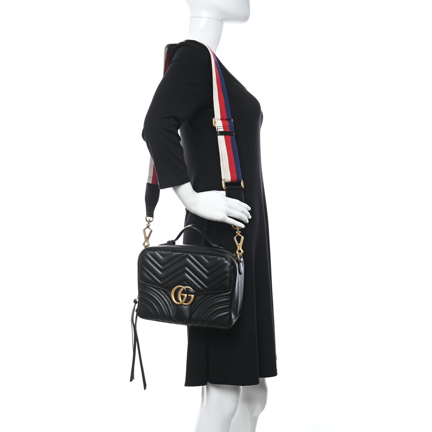 Calfskin Matelasse Sylvie Web Small GG Marmont Top Handle Shoulder Bag Black