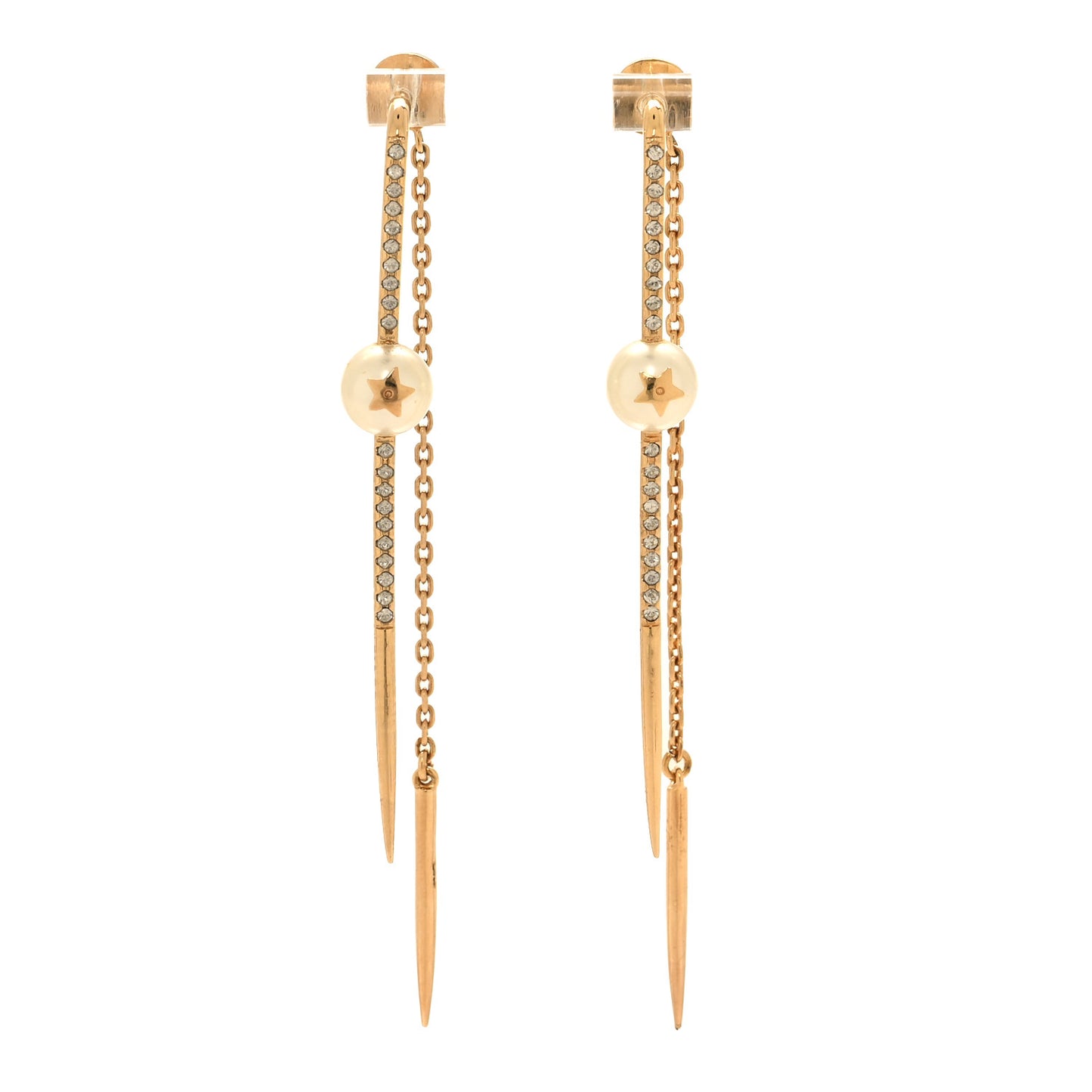 Pearl Crystal Star Needle Dangle Chain Earrings Gold