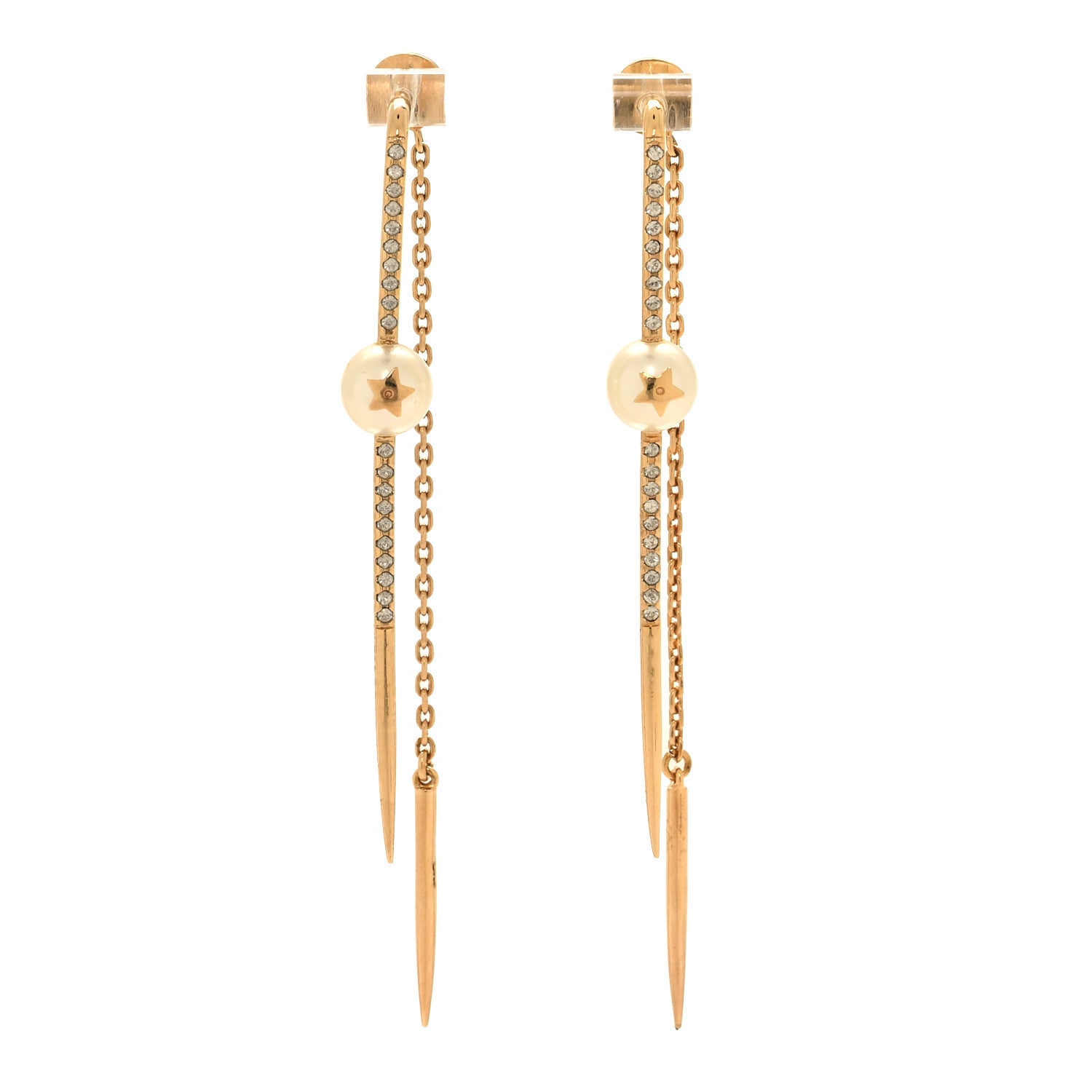 Christian Dior Pearl Crystal Star Needle Dangle Chain Earrings Gold 1 of 6