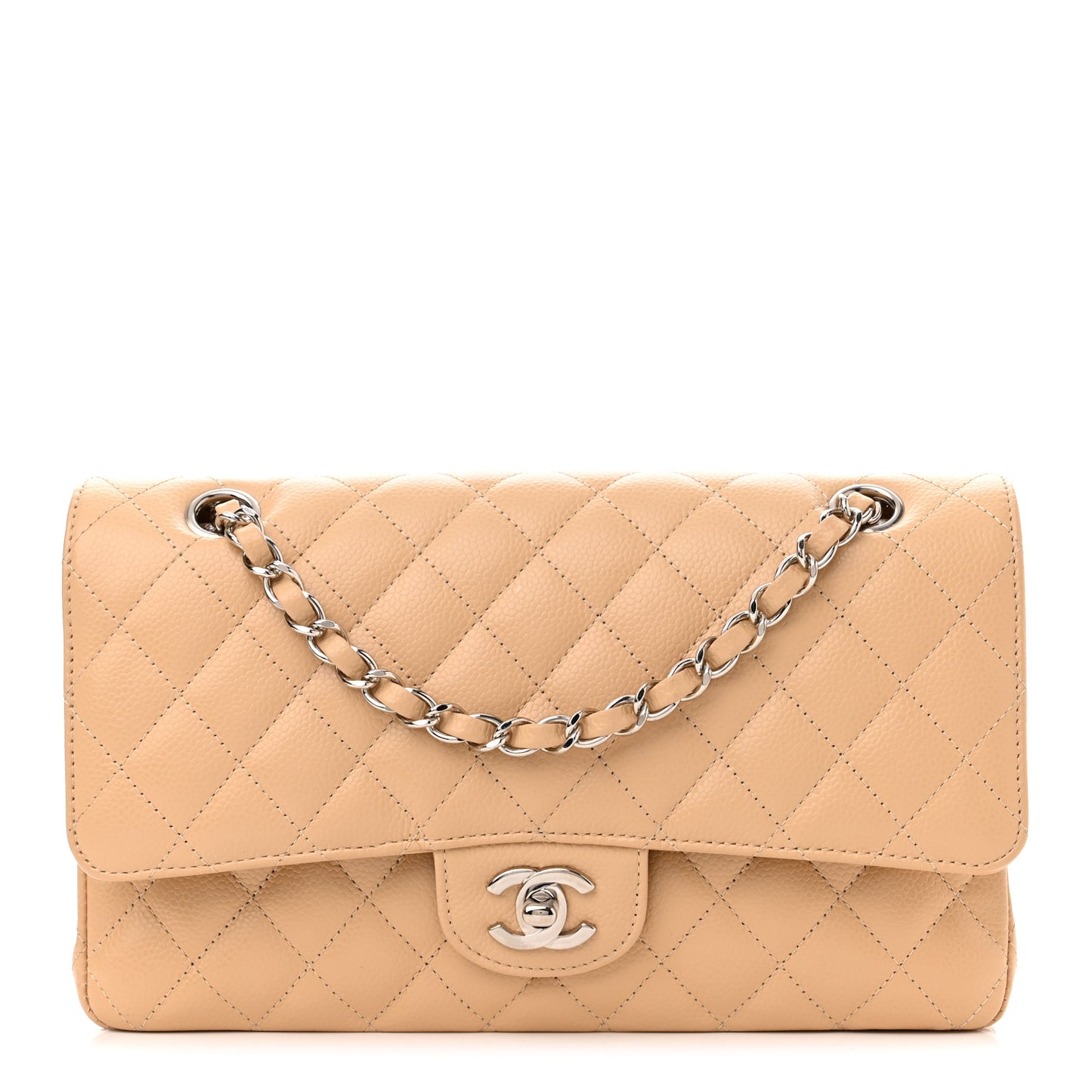 Caviar Quilted Medium Double Flap Beige