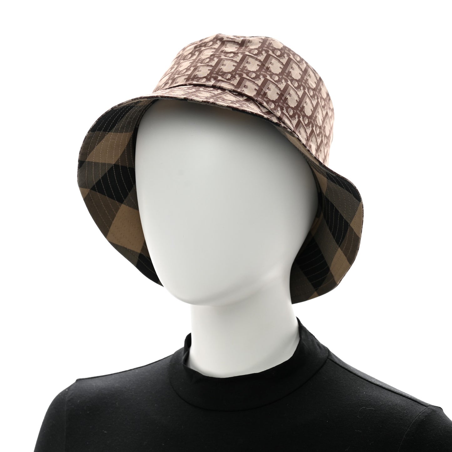 Polyester Cotton Gingham Oblique Reversible Bucket Hat 57 Beige
