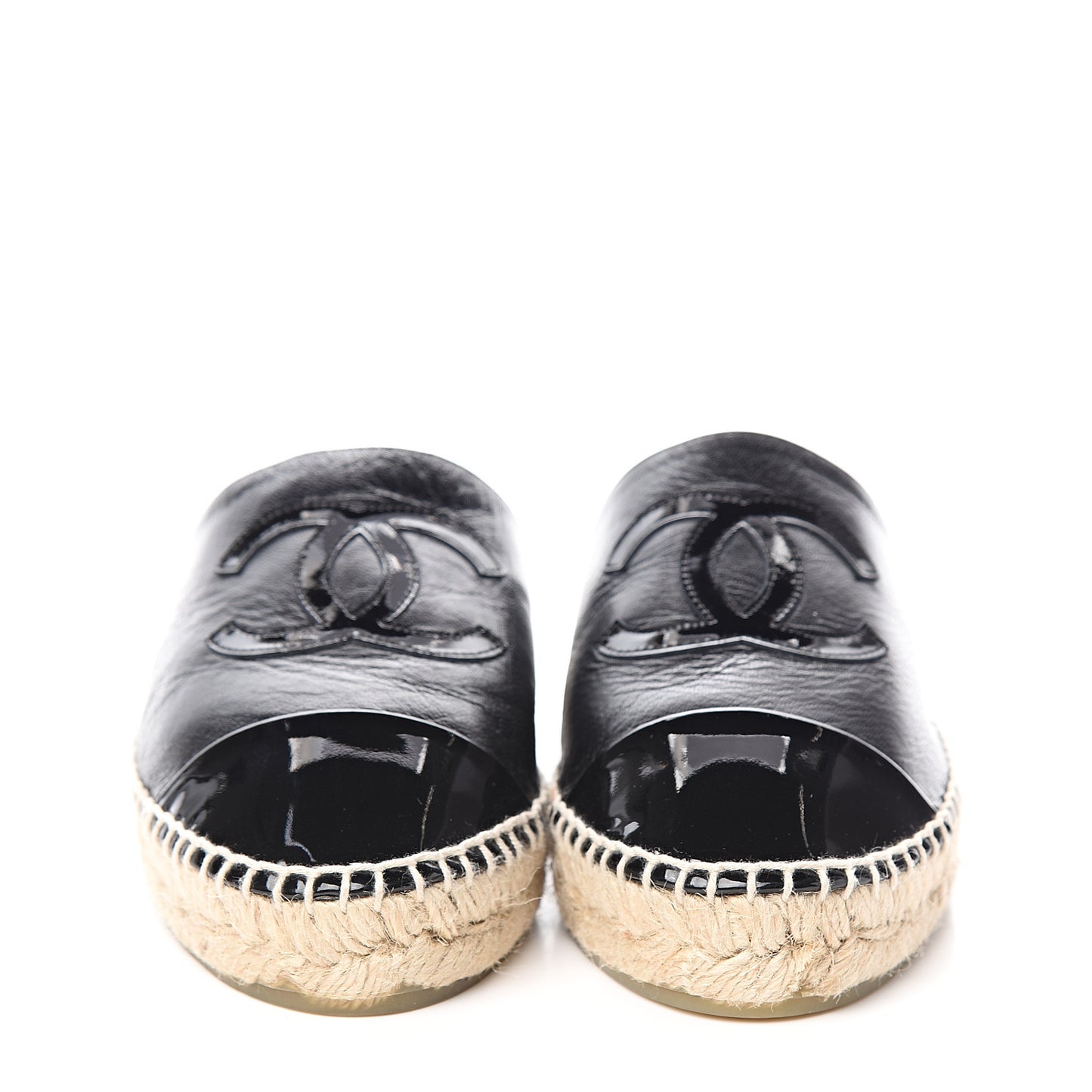 Iridescent Goatskin Patent CC Espadrille Mules 36 Black