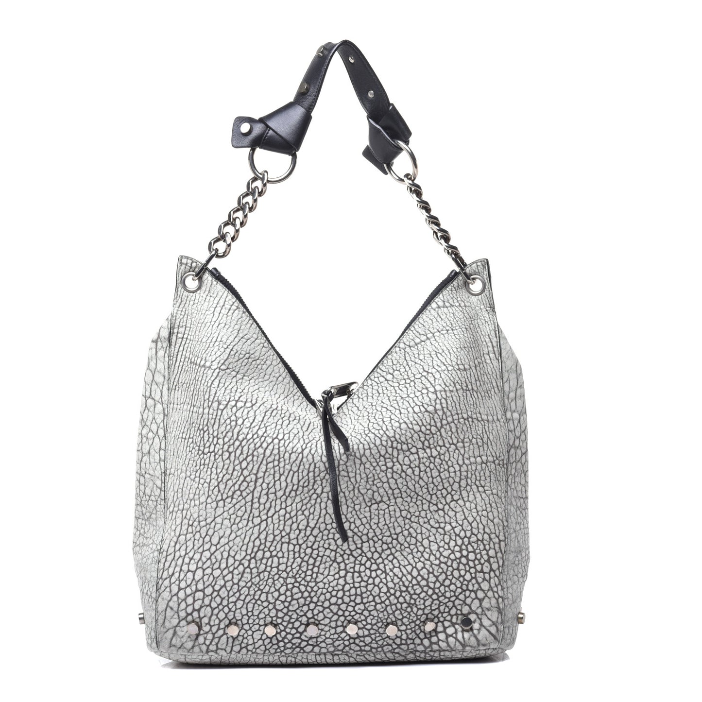 Washed Grainy Lambskin Studded Raven Hobo White Black
